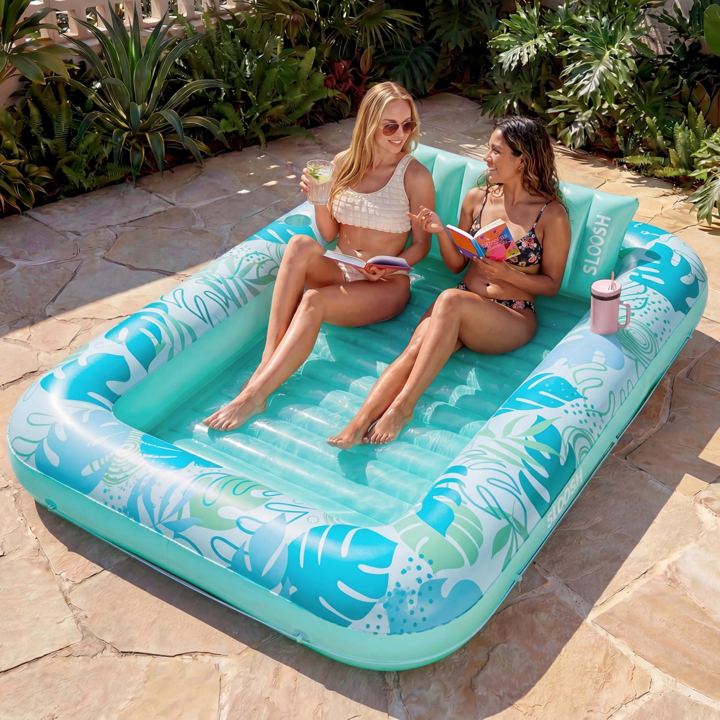 HotSLOOSH Inflatable Tanning Pool Lounger Float, 70" x 46" Pool Floats Adult with Pillow, 4 in 1 Suntan Tub Raft Floatie,Sunbathing Bed Lounge for Water Blow Up Kids Ball Pit Party Gifts, L-Blue