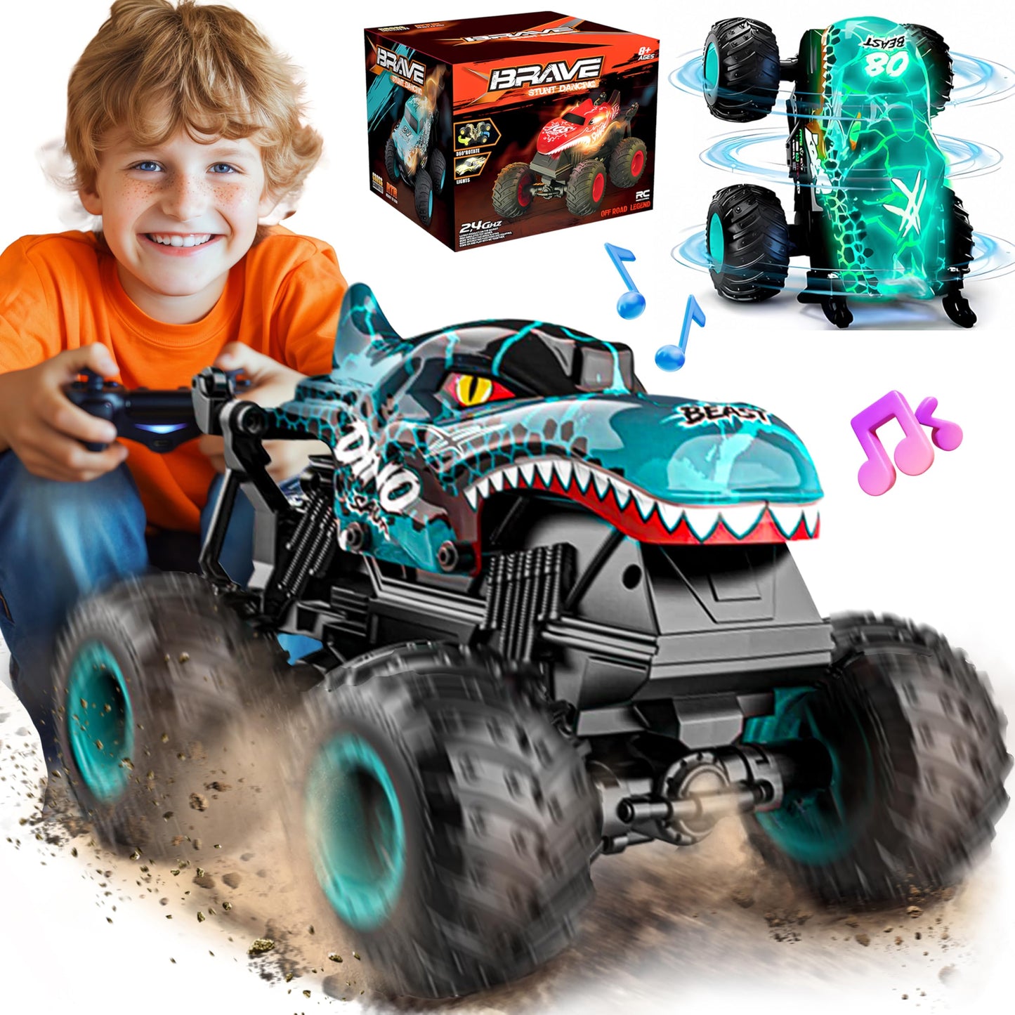 HotBEZGAR Monster Truck Toys - Remote Control Monster Truck with Light & Music, Dinosaur Toys for Kids, 1:20 Scale RC Truck with 360° Spins and Drifting, Remote Control Car for Boys 4-7