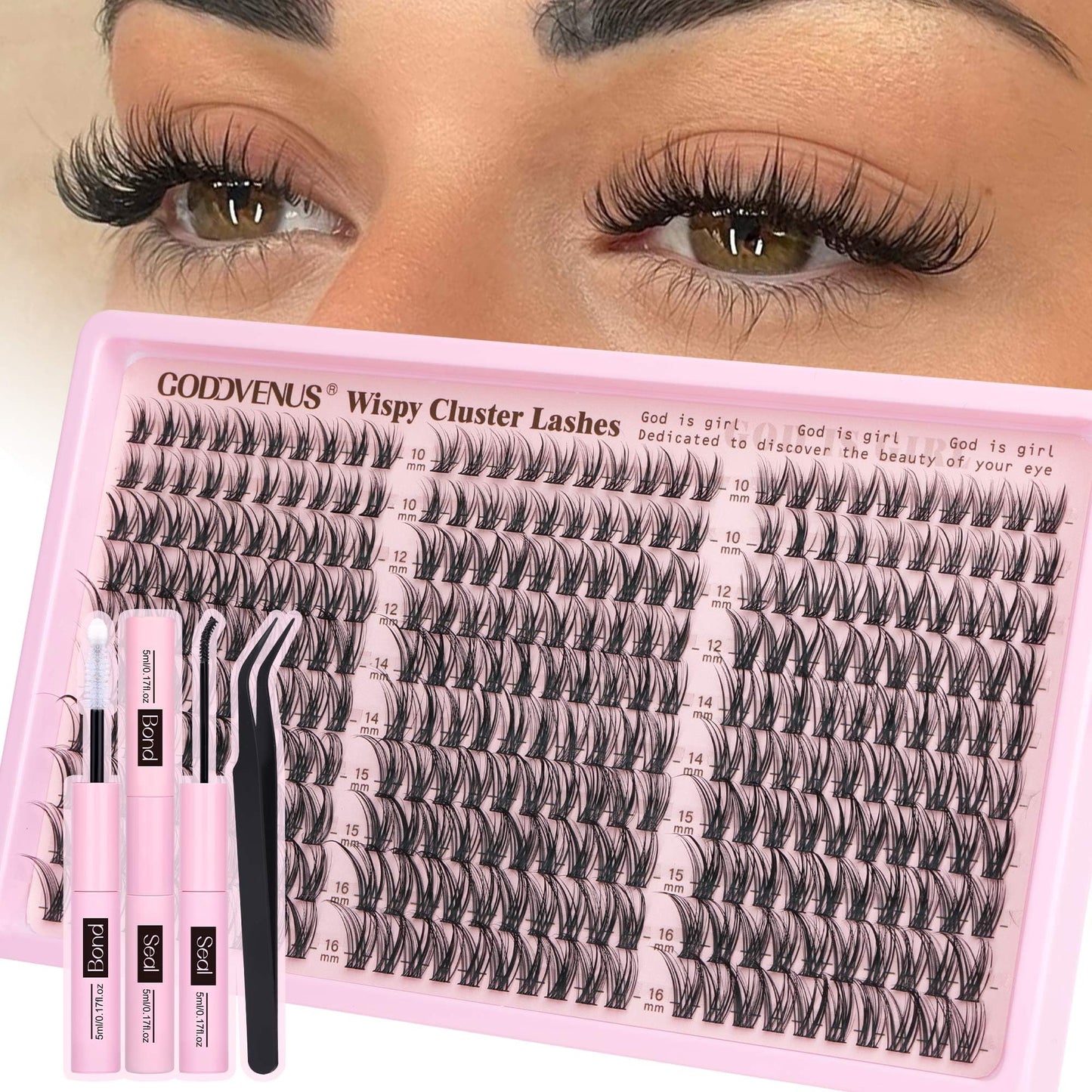 HotGoddvenus Lash Clusters Kit Wispy Eyelash Clusters Lashes Natural DIY Lash Extension Kit 10-16mm Cluster Eyelash Extensions Kit 300pcs C Curl Individual Lashes Cluster Eyelash (With Tweezers)
