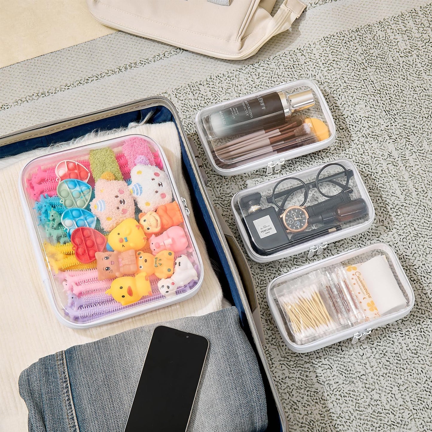 Hot4 pcs Clear Zipper Pouches,Hard Shell Zipper Case | Toiletry Bag for Travel, CLear Diaper Bag, Toiletry Pouch, Travel Organizer, Cosmetic Bag,Toy Storage Bins (M+3S)