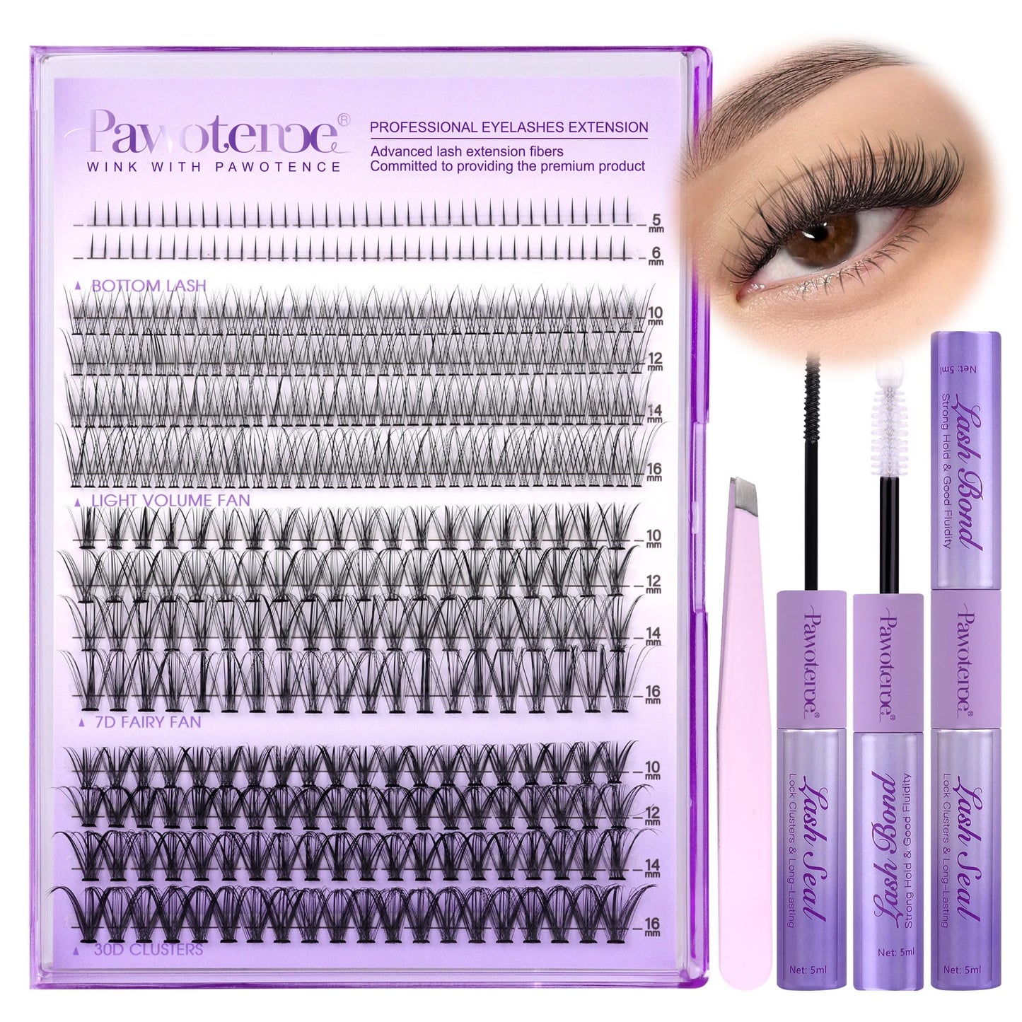 HotPawotence Lash Extension Kit DIY 280pcs Lash Clusters Eyelash Extension Kit, 9-16mm 30D 40D Individual Lashes Kit with Lash Bond and Seal, Lash Tweezers for Self Use (30D&40D, 0.07D, 9-16mm, Kit)
