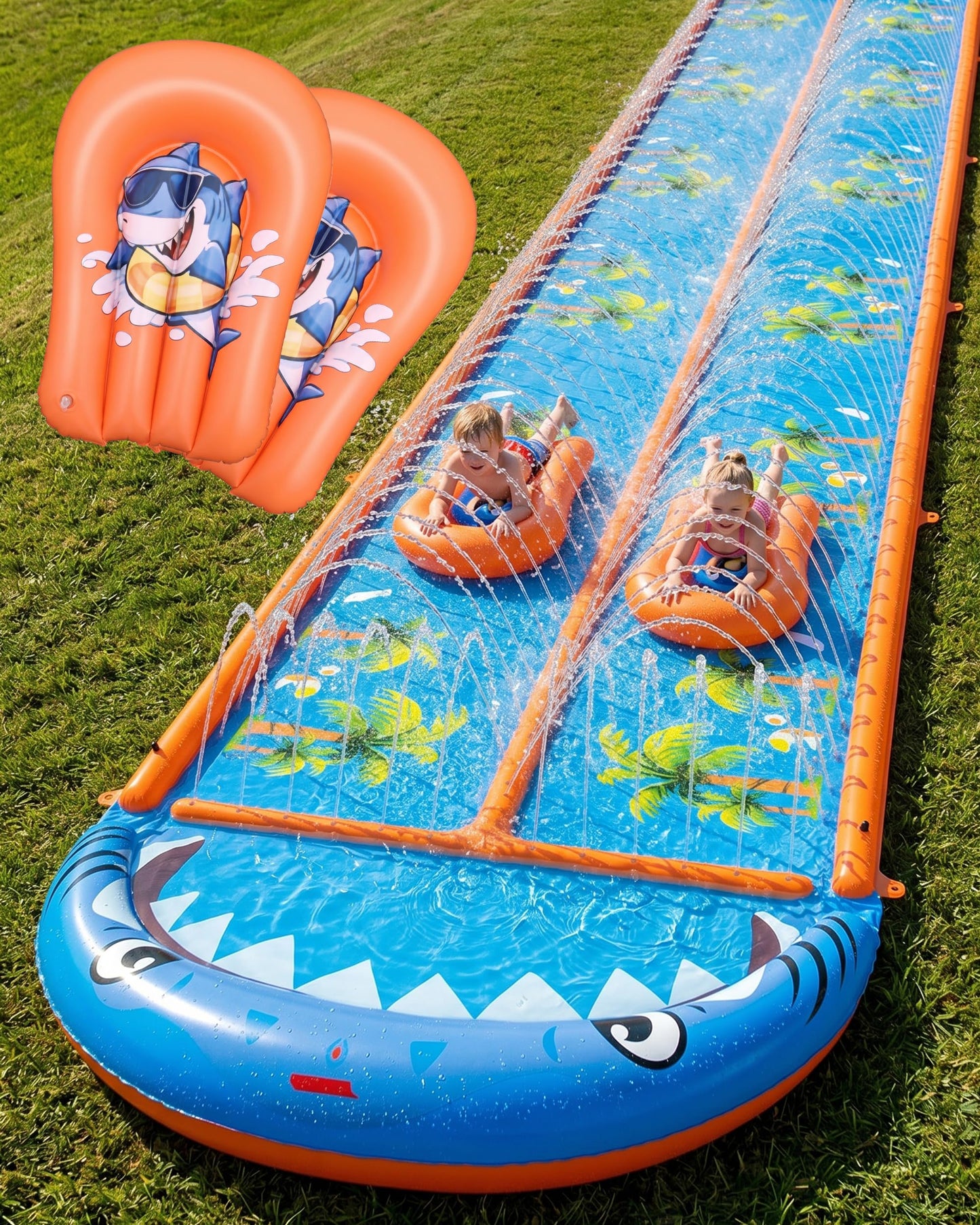 Hot40×5.9FT Heavy Duty Slip and Slide with Sprinkler and 2 Boards, Water Slide for Adults with 3-Way Water Sprinkler, Giant Slip n Slide for Outdoor Backyard Lawn Kids Teens and Adults (Blue&Orange)
