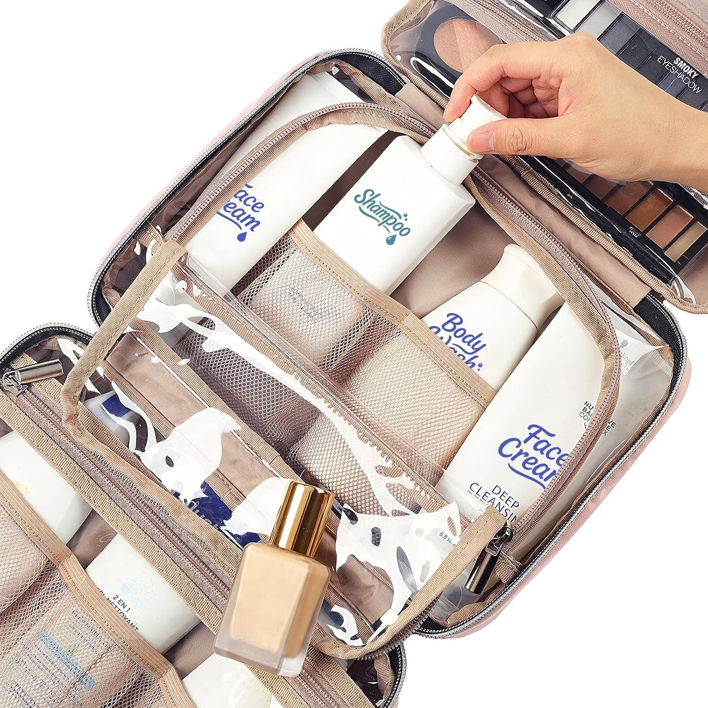 HotNISHEL Travel Toiletry Bag for women, Portable Hanging Organizer for Travel-Sized Shampoo, Conditioner, Brushes Set, makeup Accessories, Medium Size, Pink