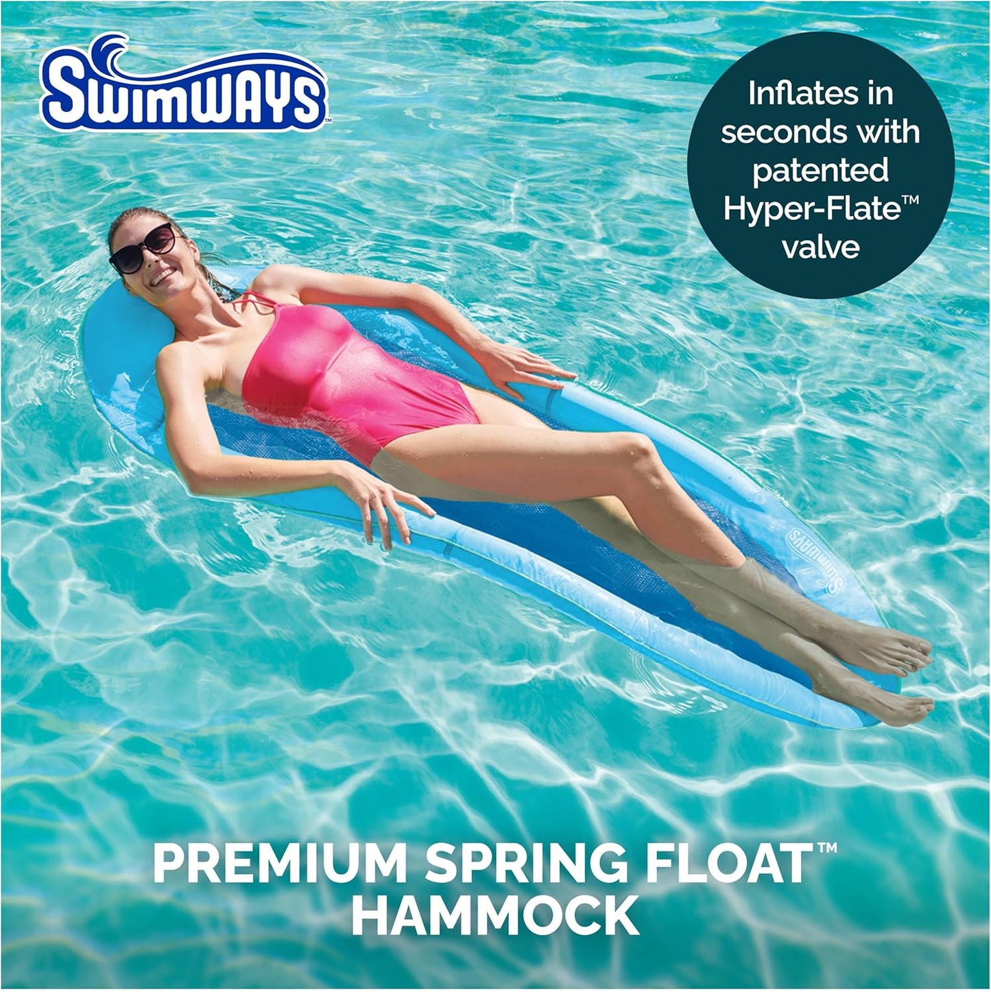 HotSwimWays Spring Float Hammock, Fast-Inflating Adult Lounger; Ages 15+ | Patented Fast Inflation for Immediate Use During Travel, Fits Most Adults and Teens, Teens & Adults Can Lounge Comfortably