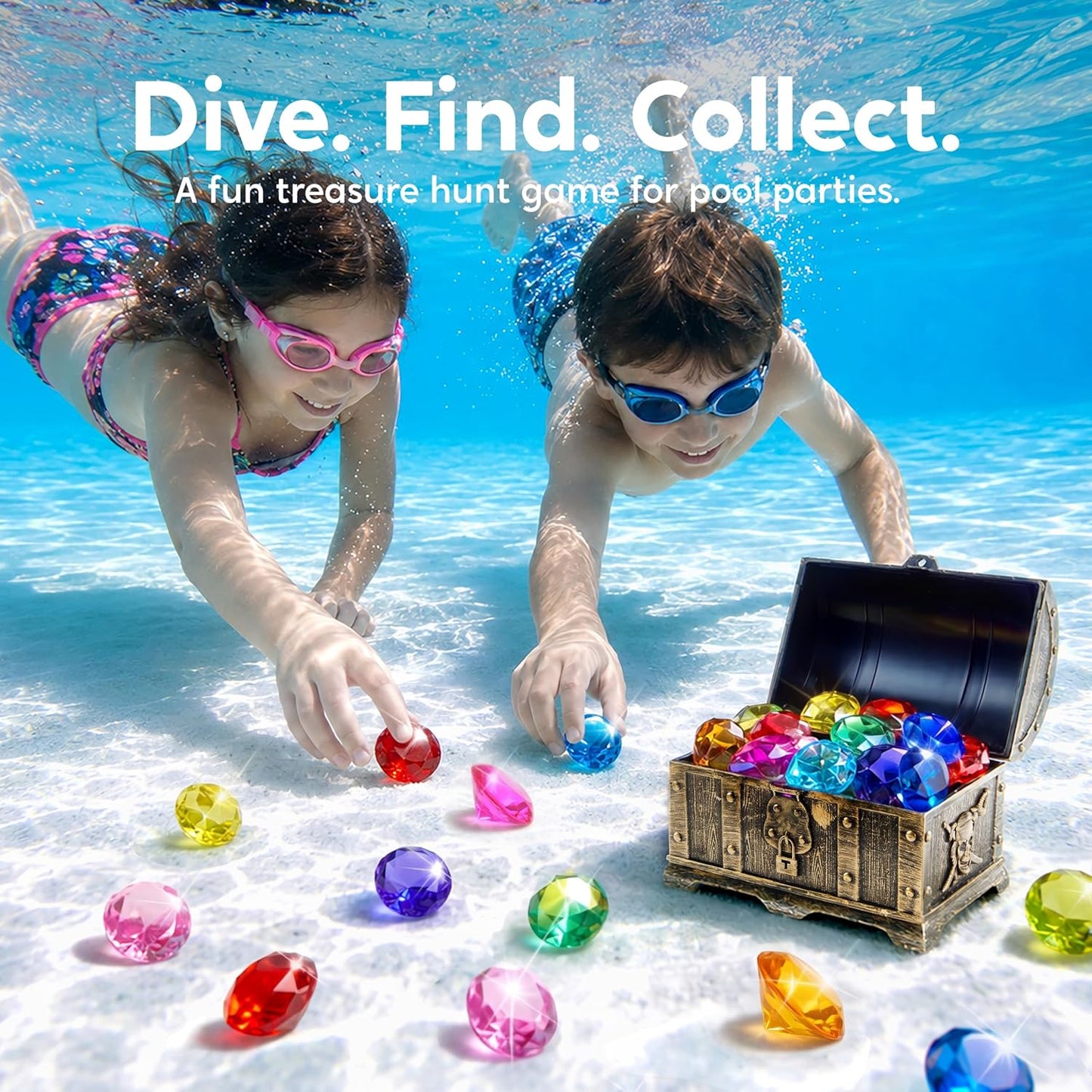 HotSloosh Diving Gems Pool Toys, 16 Big Colorful Diamond with Pirate Treasure Chest,Swim Dive Toy for Kids Underwater Gemstone Swimming Training Gift Water Pool Games(Gold)