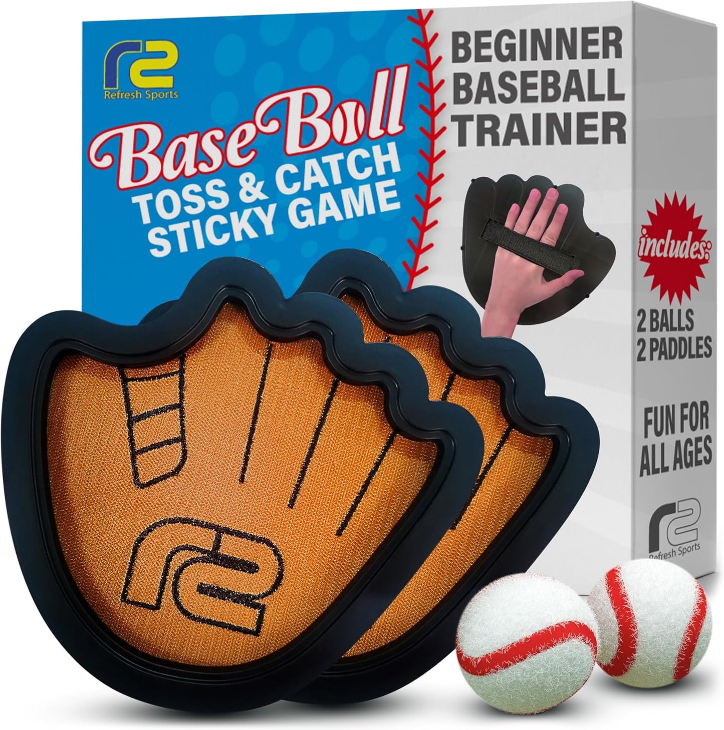 Hot Toss and Catch Ball Game Set - Easy to Use Sticky Balls & Beginner Baseball Training Glove - Premium Toy Paddle Fits All Hand Sizes From Toddlers to Teens & Adults - Fun Gift Idea for Boys and Girls