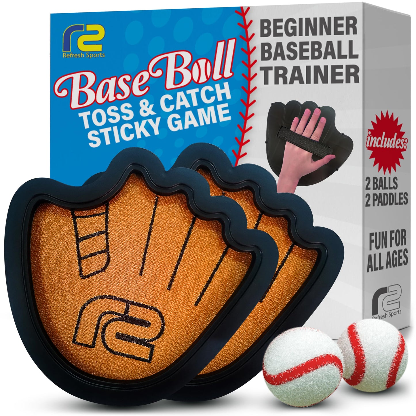 Hot Toss and Catch Ball Game Set - Easy to Use Sticky Balls & Beginner Baseball Training Glove - Premium Toy Paddle Fits All Hand Sizes From Toddlers to Teens & Adults - Fun Gift Idea for Boys and Girls