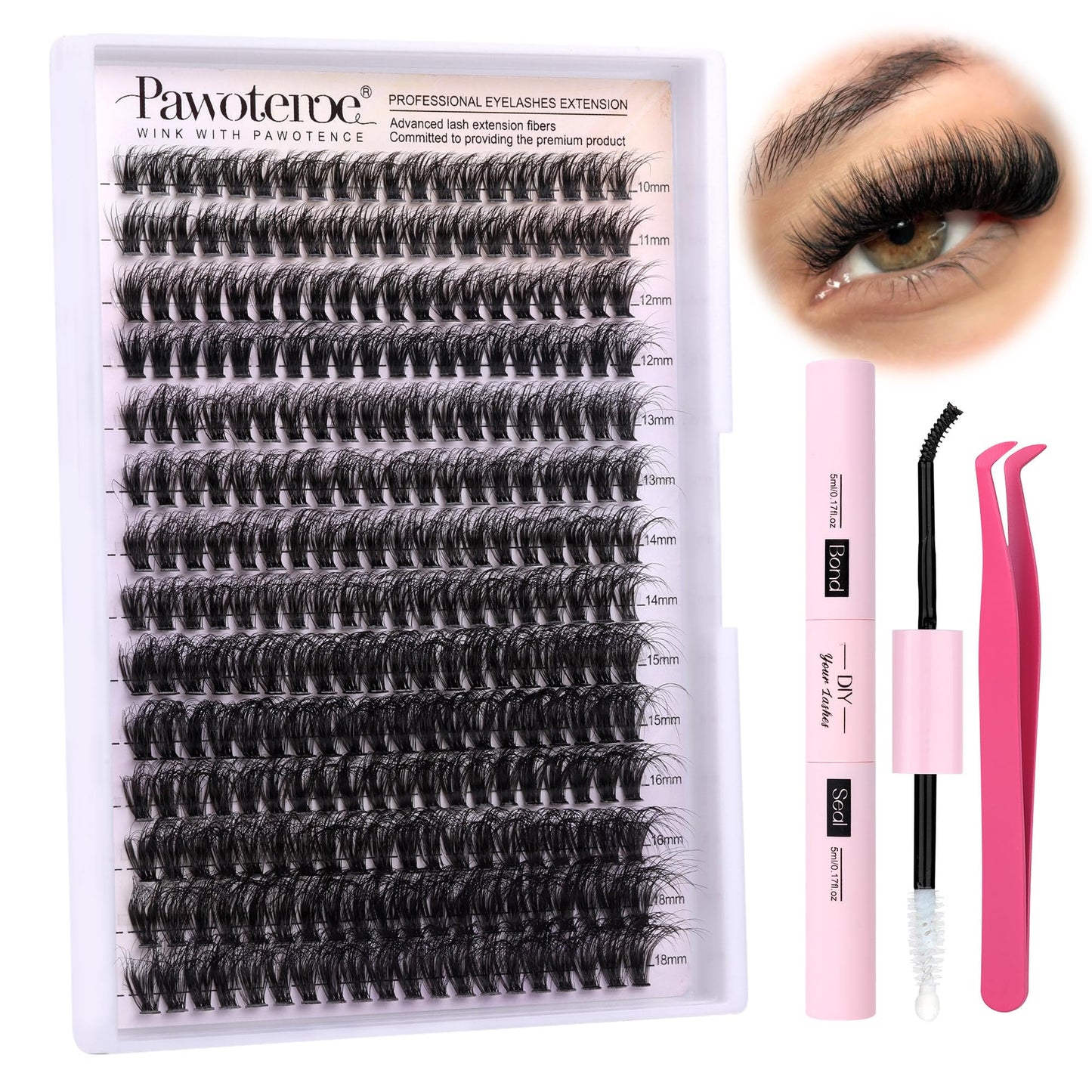 HotPawotence Lash Extension Kit DIY 280pcs Lash Clusters Eyelash Extension Kit, 9-16mm 30D 40D Individual Lashes Kit with Lash Bond and Seal, Lash Tweezers for Self Use (30D&40D, 0.07D, 9-16mm, Kit)