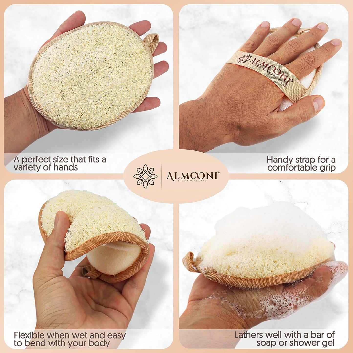 HotAlmooni Natural Loofah Exfoliating Body Scrubber, Made with Natural Egyptian Shower Loofah Sponge, Bath Shower Loofah Sponge for Women and Men, for Face and Body That Gets You Clean - 2 Count (1 Pack)