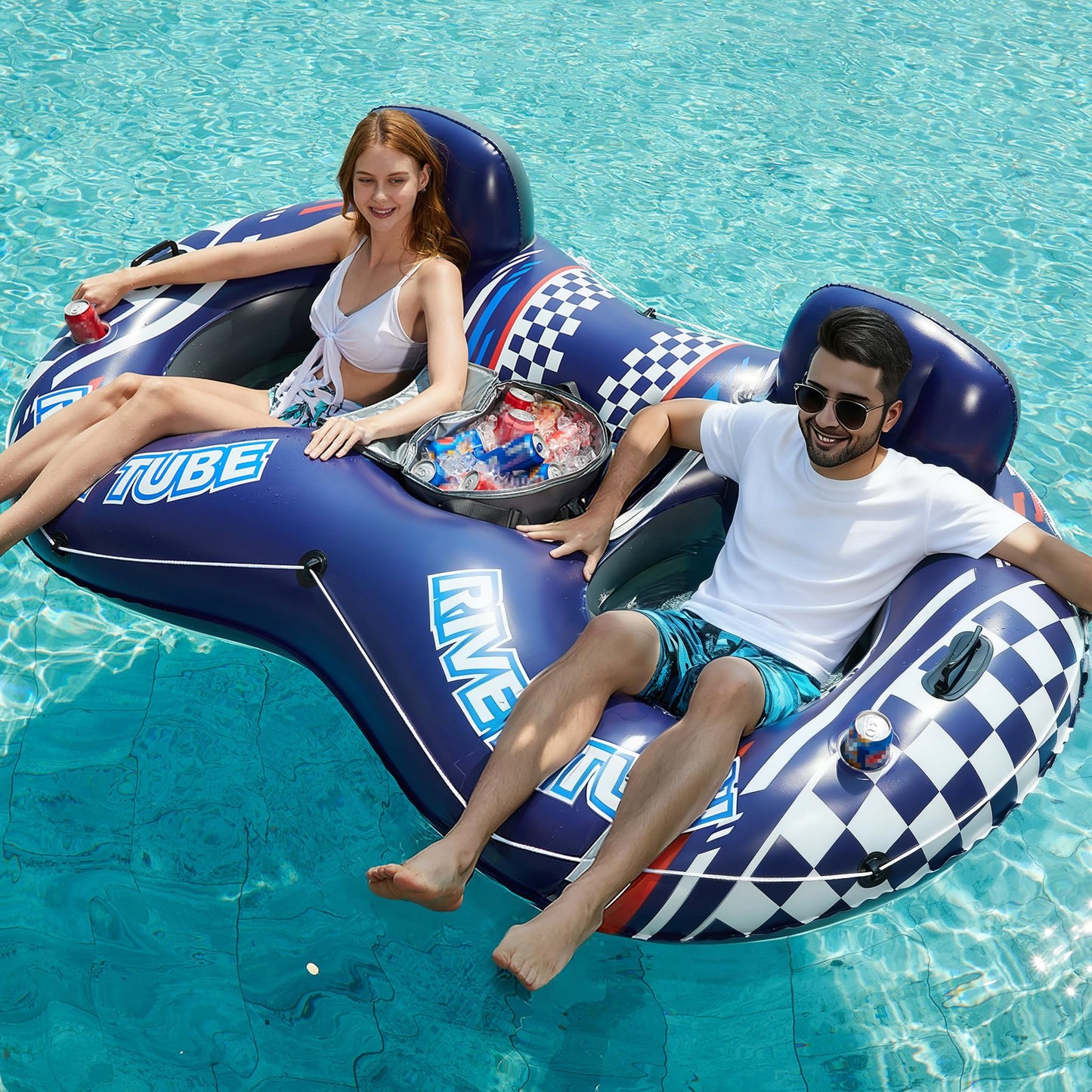 Hot Jasonwell Heavy Duty 2 Person Inflatable River/Pool Tube Float with Removable Cooler, Tubes for Lake, Floating River Raft Lounge Floatie with 2 cup Holders For Adults, Cyan