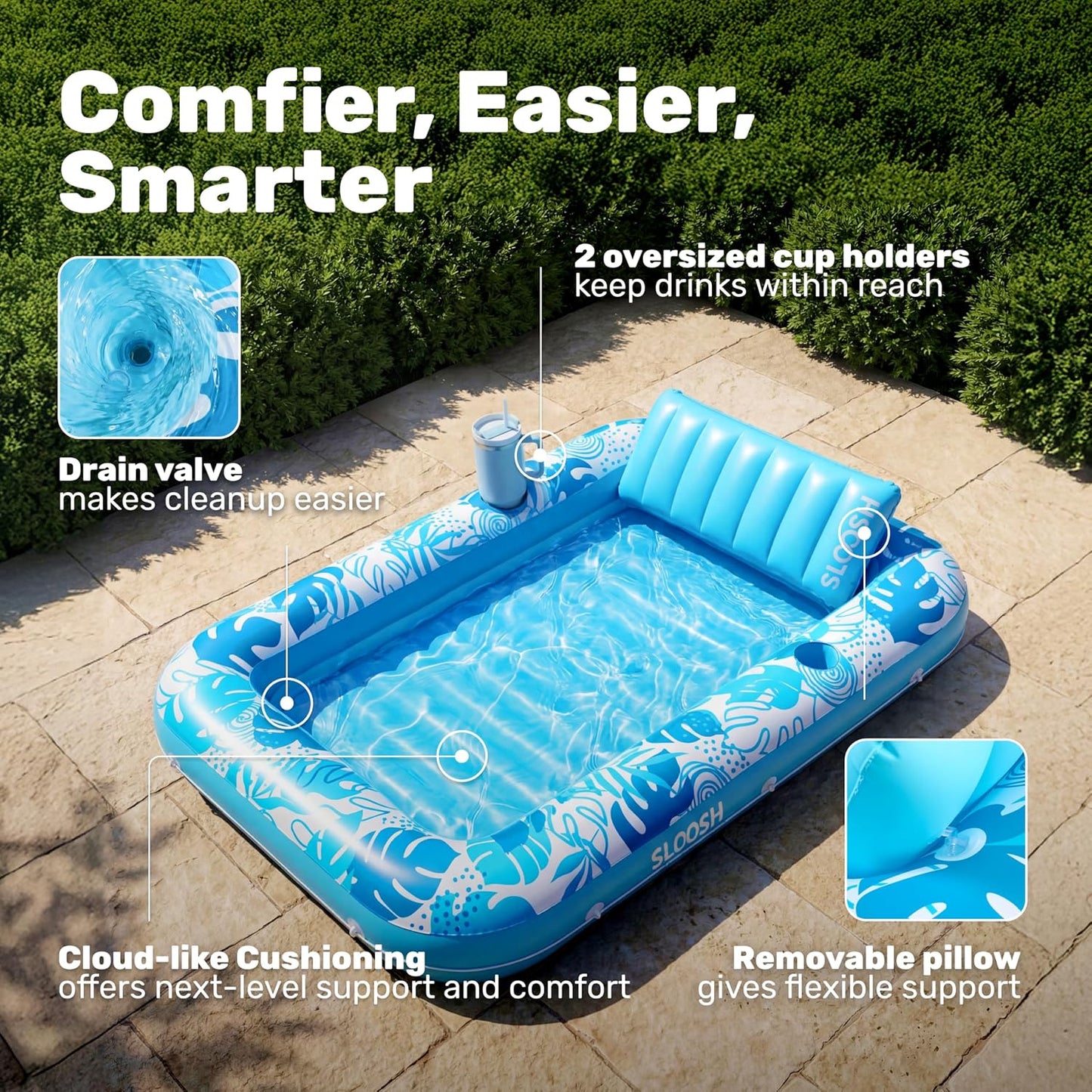 HotSLOOSH Inflatable Tanning Pool Lounger Float, 70" x 46" Pool Floats Adult with Pillow, 4 in 1 Suntan Tub Raft Floatie,Sunbathing Bed Lounge for Water Blow Up Kids Ball Pit Party Gifts, L-Blue