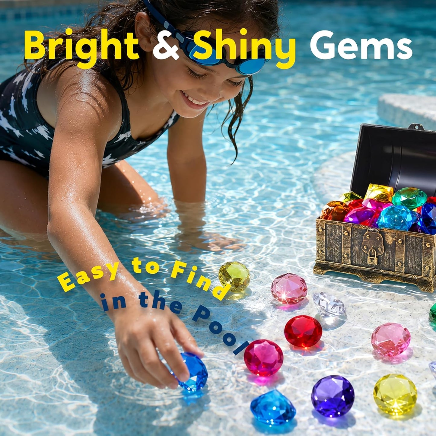 HotSloosh Diving Gems Pool Toys, 16 Big Colorful Diamond with Pirate Treasure Chest,Swim Dive Toy for Kids Underwater Gemstone Swimming Training Gift Water Pool Games(Gold)