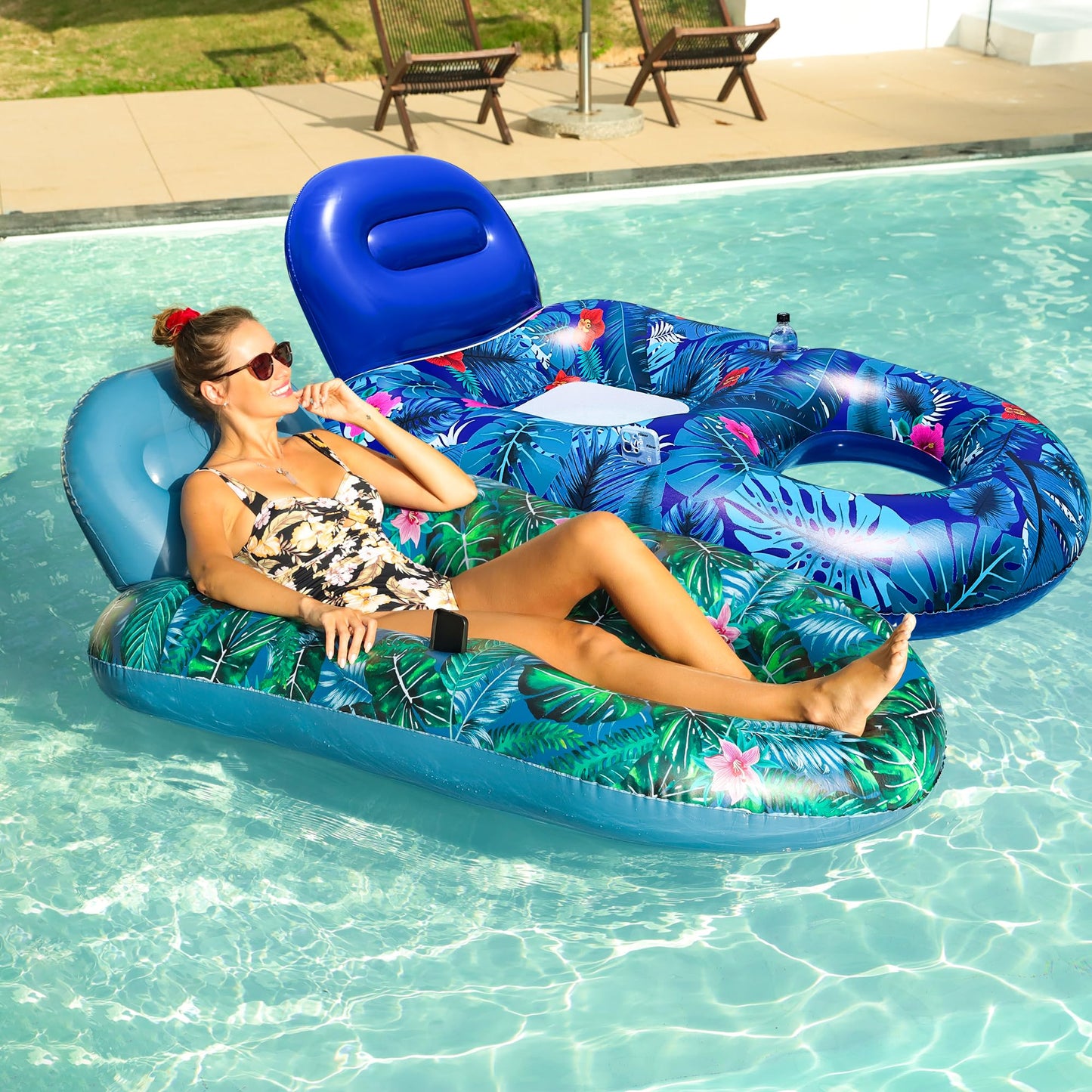 HotFindUWill Pool Floats Chairs Adult - 2 Pack 65'' x 42'' Large Pool Float Chairs, Inflatable Pool Lounger with Cup Phone Holder, Backrest, Footrest, Tanning Pool Lounge
