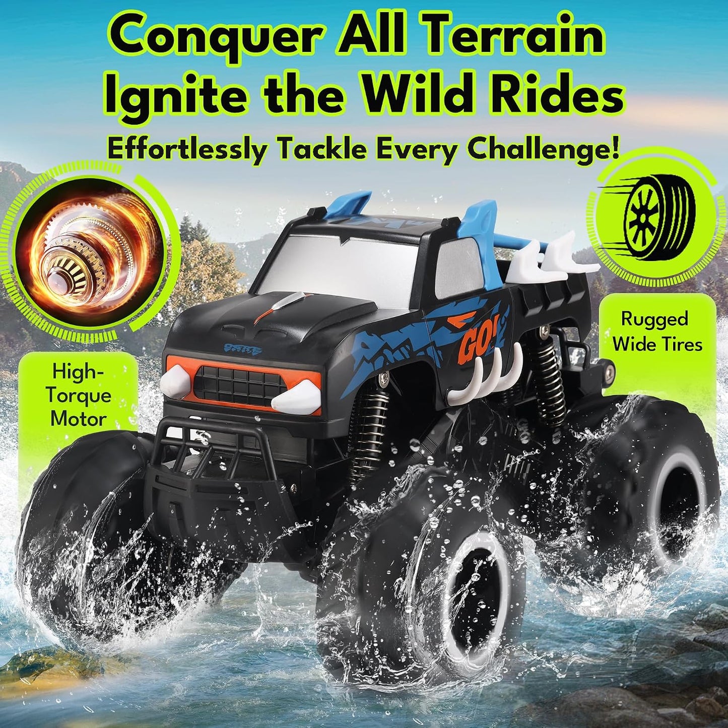 Hot Threeking 1:16 Amphibious Monster Truck All Terrain Remote Control Car Toys | Waterproof Durable 4WD Off-Road RC Crawler Cars Pick-Up Unique Toy Gifts for Boys Girls Ages 6-12