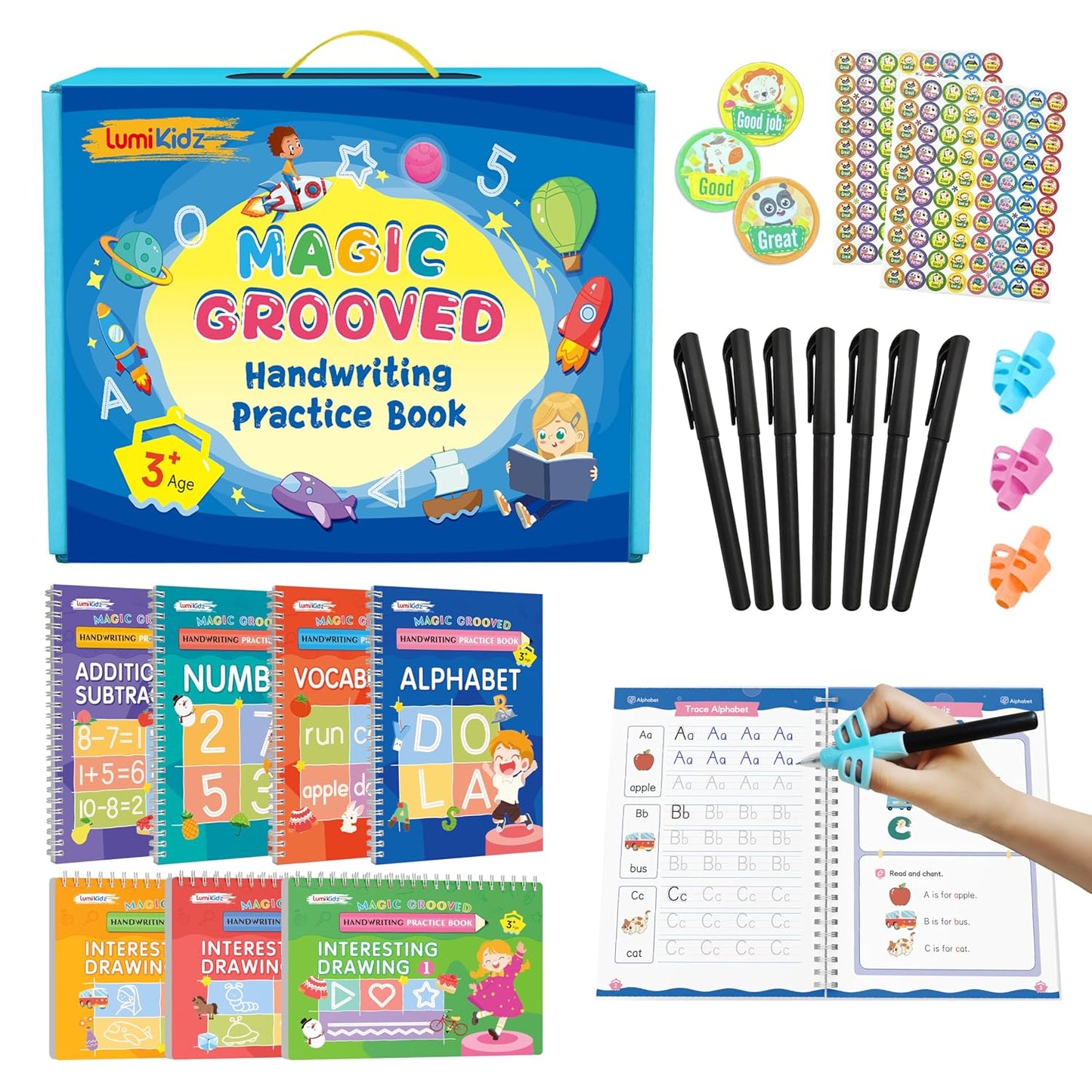 HotMagic Grooved Writing Practice for Kids Ages 3–5 - Reusable Grooved Writing Books for Kids 3–5 - Handwriting Practice for Kids 5–7 - Preschool Tracing Books & Learning Activities