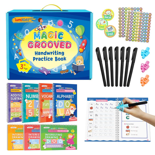 HotMagic Grooved Writing Practice for Kids Ages 3–5 - Reusable Grooved Writing Books for Kids 3–5 - Handwriting Practice for Kids 5–7 - Preschool Tracing Books & Learning Activities