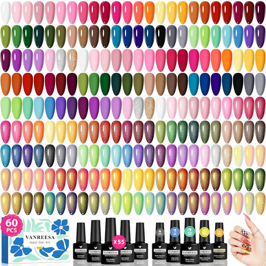 HotVANREESA 60 Pcs Gel Nail Polish Set, 55 Colors Gel Polish with Base Coat & 4 Effects Top Coat Full-Color Nail Polish Set All Seasons Nail Kit Gifts for Women Girls Nail Salon at Home