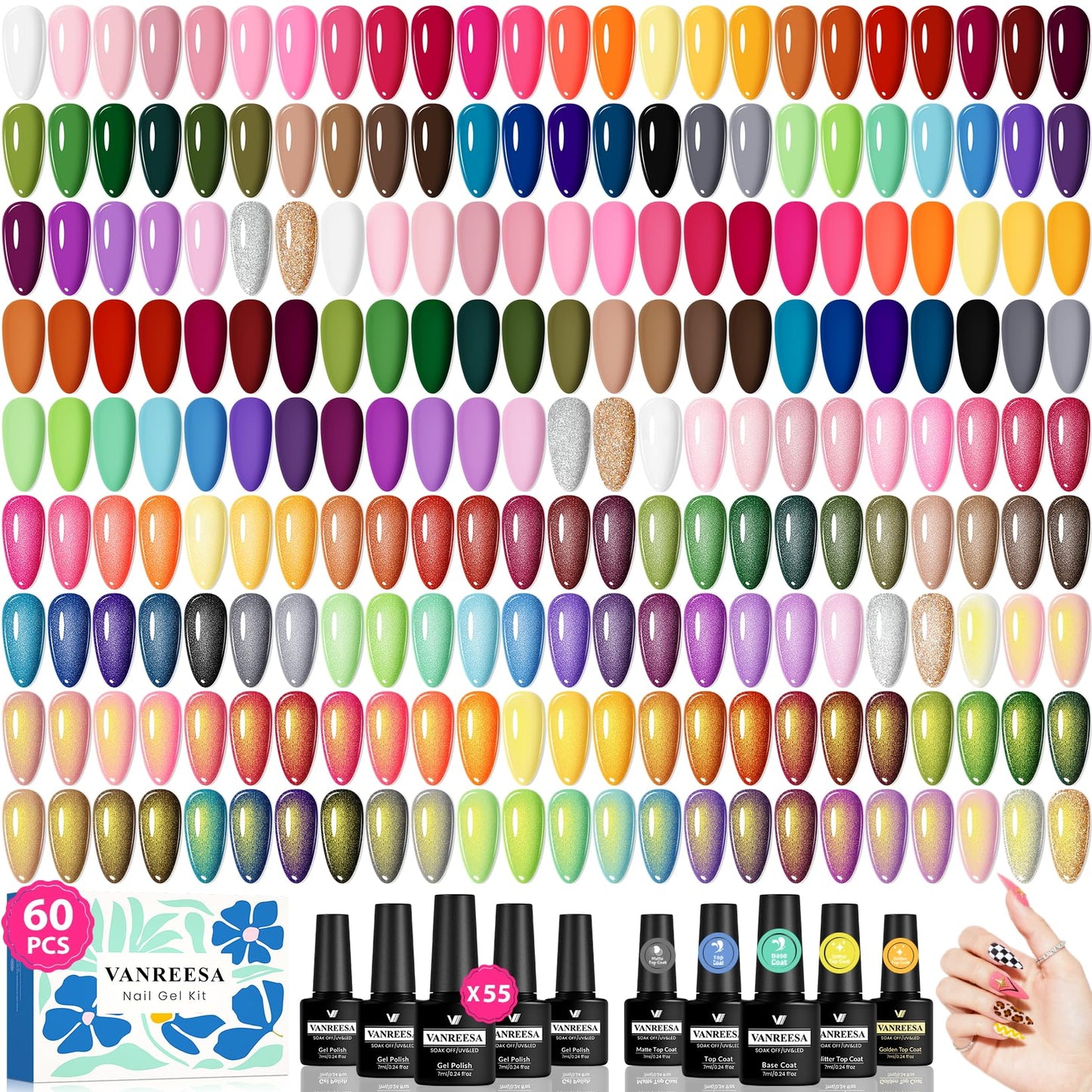 HotVANREESA 60 Pcs Gel Nail Polish Set, 55 Colors Gel Polish with Base Coat & 4 Effects Top Coat Full-Color Nail Polish Set All Seasons Nail Kit Gifts for Women Girls Nail Salon at Home