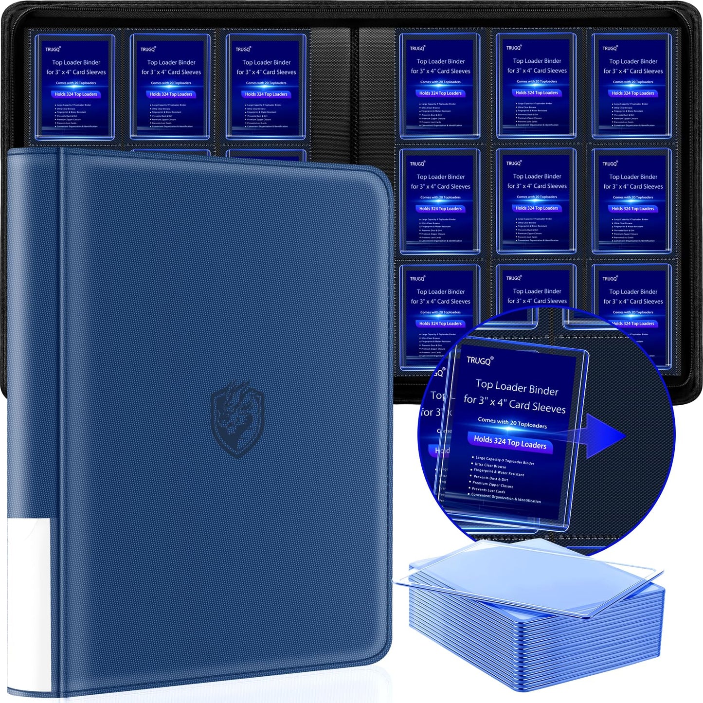 HotToploader Binder Holds 324 Toploaders - 20 Toploaders|Waterproof PU Leather + Anti-Yellowing PP Inserts | Ridge Tab Sorting Portable top loader binder for cards(For Sports/Game Cards)