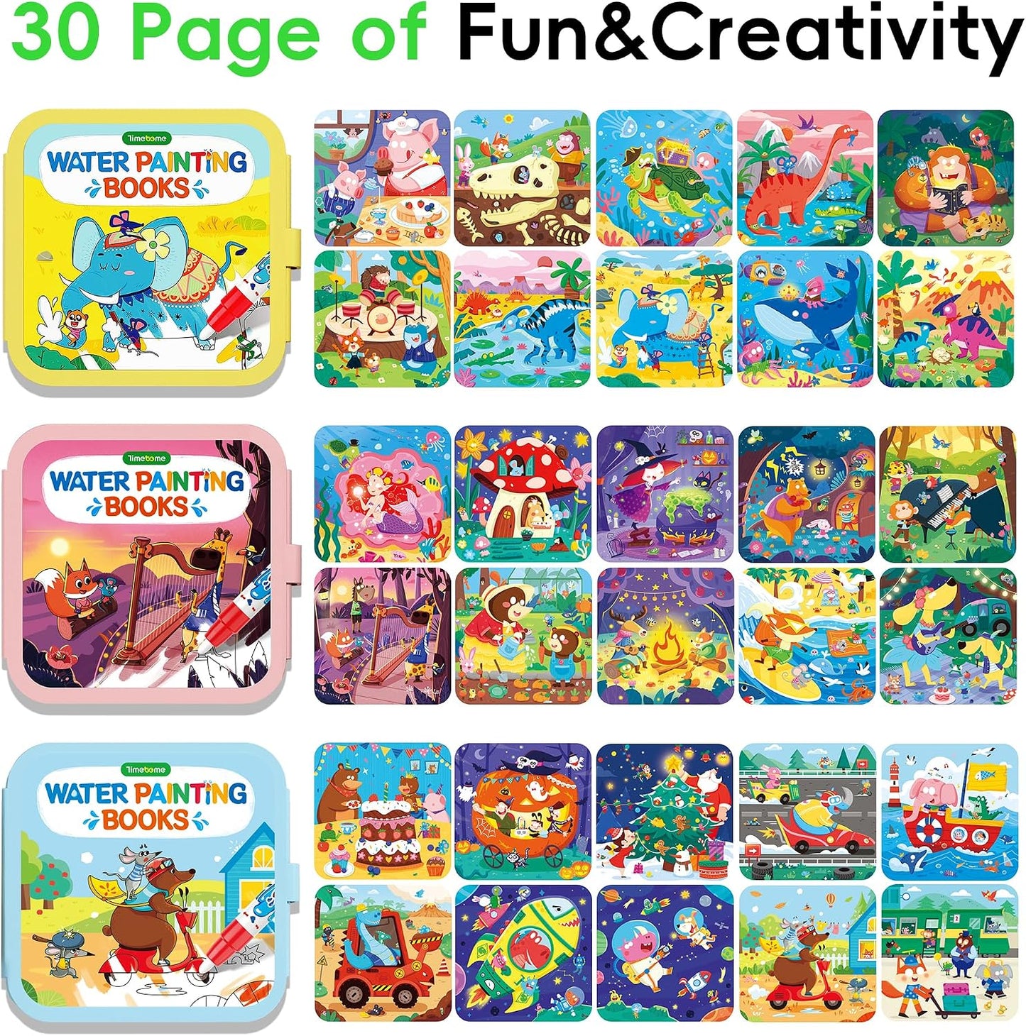HotTimetome Reusable Water Painting Books for Kids – 3-Pack Magic Water Reveal Coloring Books with Water Pens (Fairy Tale, Animal & Dinosaur) No-Mess Coloring & Reusable Fun Travel Activity for Ages 3–6