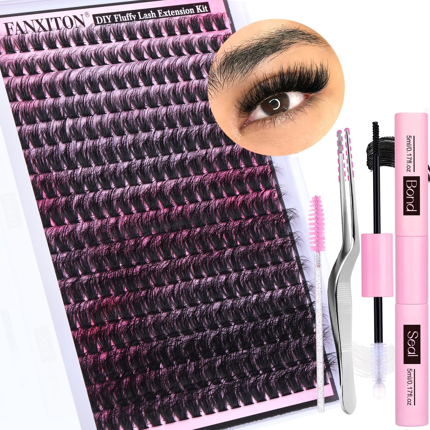 HotFANXITON DIY Individual Eyelash Extension Kit, Thick Volume Lash Clusters 40D+50D D Curvature, 280 Pieces Thin Band Cluster Lashes with Bond and Seal Tweezers