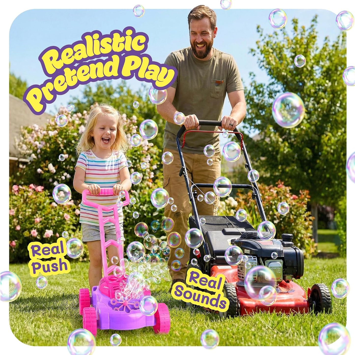 HotArtCreativity Bubble Lawn Mower for Toddlers 1-3, Bubble Machine for 1-Year-Old Girl Gifts, Toddler Outdoor Toys for 2-Year-Old Girl Birthday Gift, Push Summer Gardening Toys for Toddlers Age 1 2 3 +