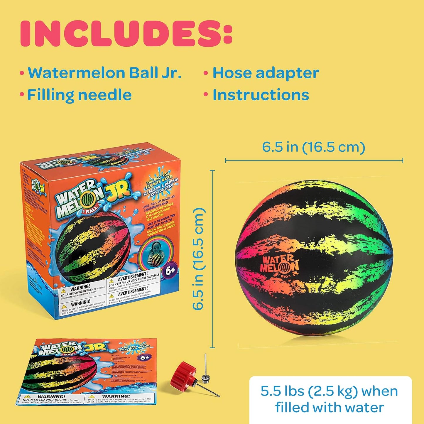 HotWatermelon Ball JR Durable Fillable Pool Toy for Underwater Games - Football, Basketball & Rugby - Perfect for Water Parties - Fun for Adults & Kids Alike - Ages 6+, 6.5" Multicolor