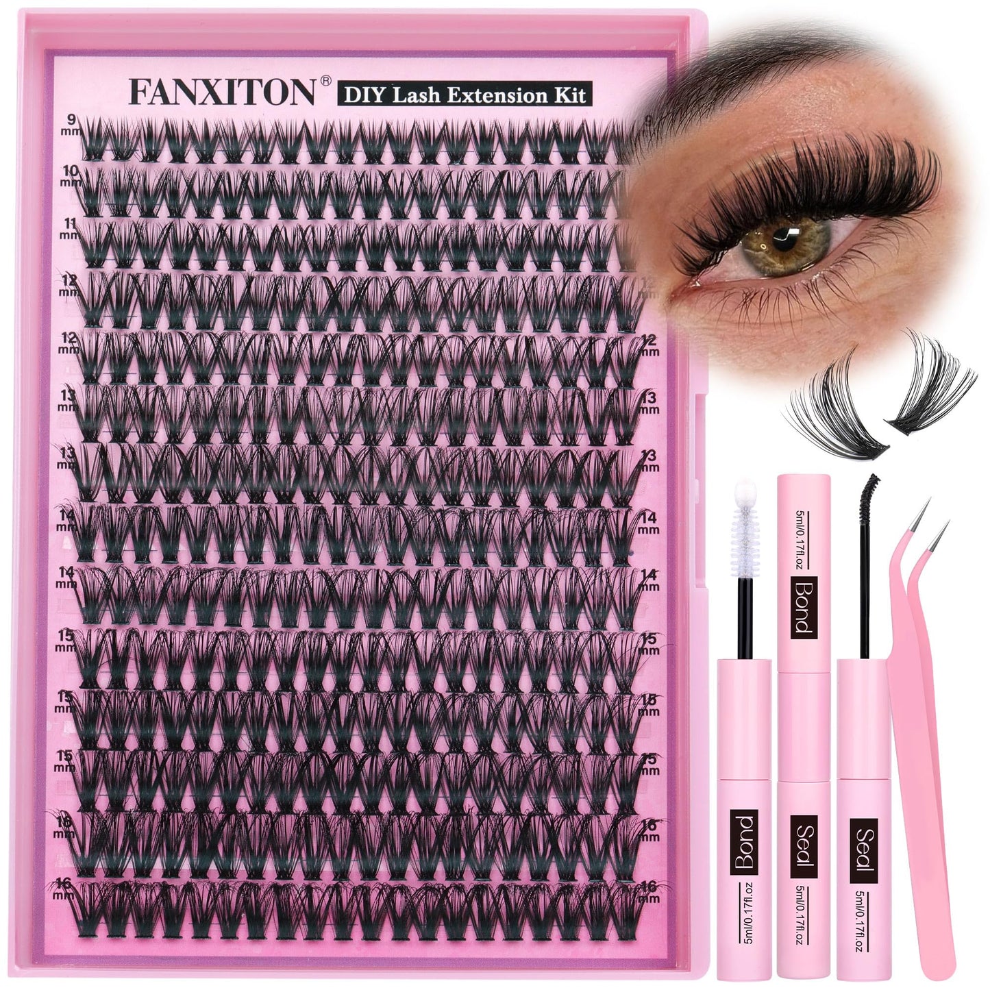 HotFANXITON DIY Individual Eyelash Extension Kit, Thick Volume Lash Clusters 40D+50D D Curvature, 280 Pieces Thin Band Cluster Lashes with Bond and Seal Tweezers
