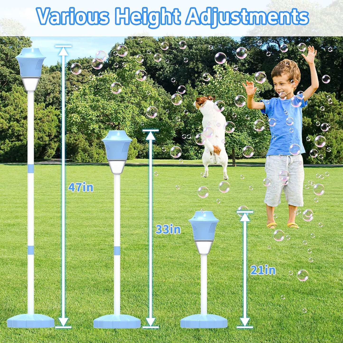 HotInfowush Bubble Machine for Kids, Automatic Standing Bubble Maker Machine Height Adjustable Up to 47 Inches Outdoor Battery Bubble Machine with Light/Music for Toddlers Birthday Party Gifts（Blue）