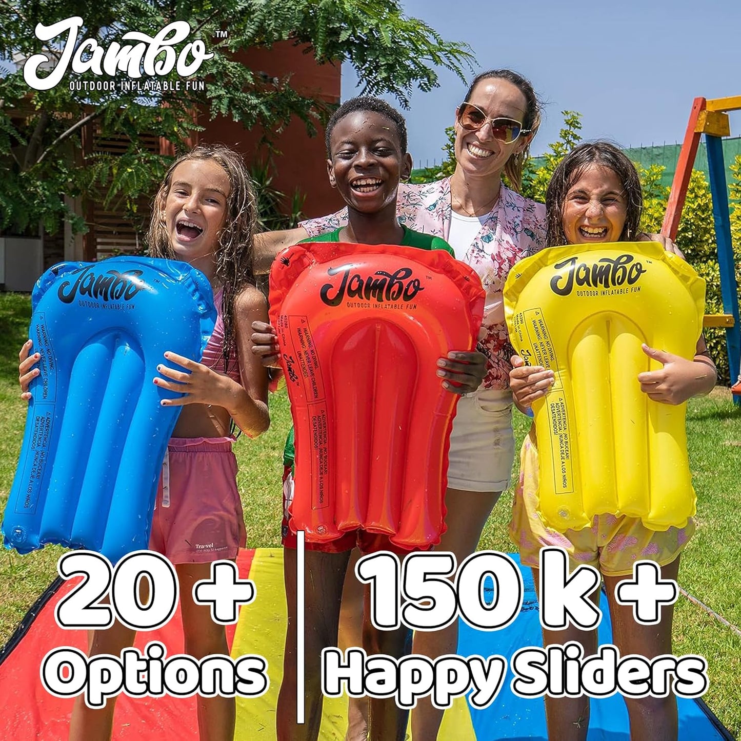 HotJAMBO Premium Triple Water Slide and 3 Bodyboards, 16Ft Heavy Duty Slip Splash and Slides-Advanced 3-Way Sprinkler System, Splash Pad Mat Backyard Summer Outdoor Water Toys n Long Slides for Kids
