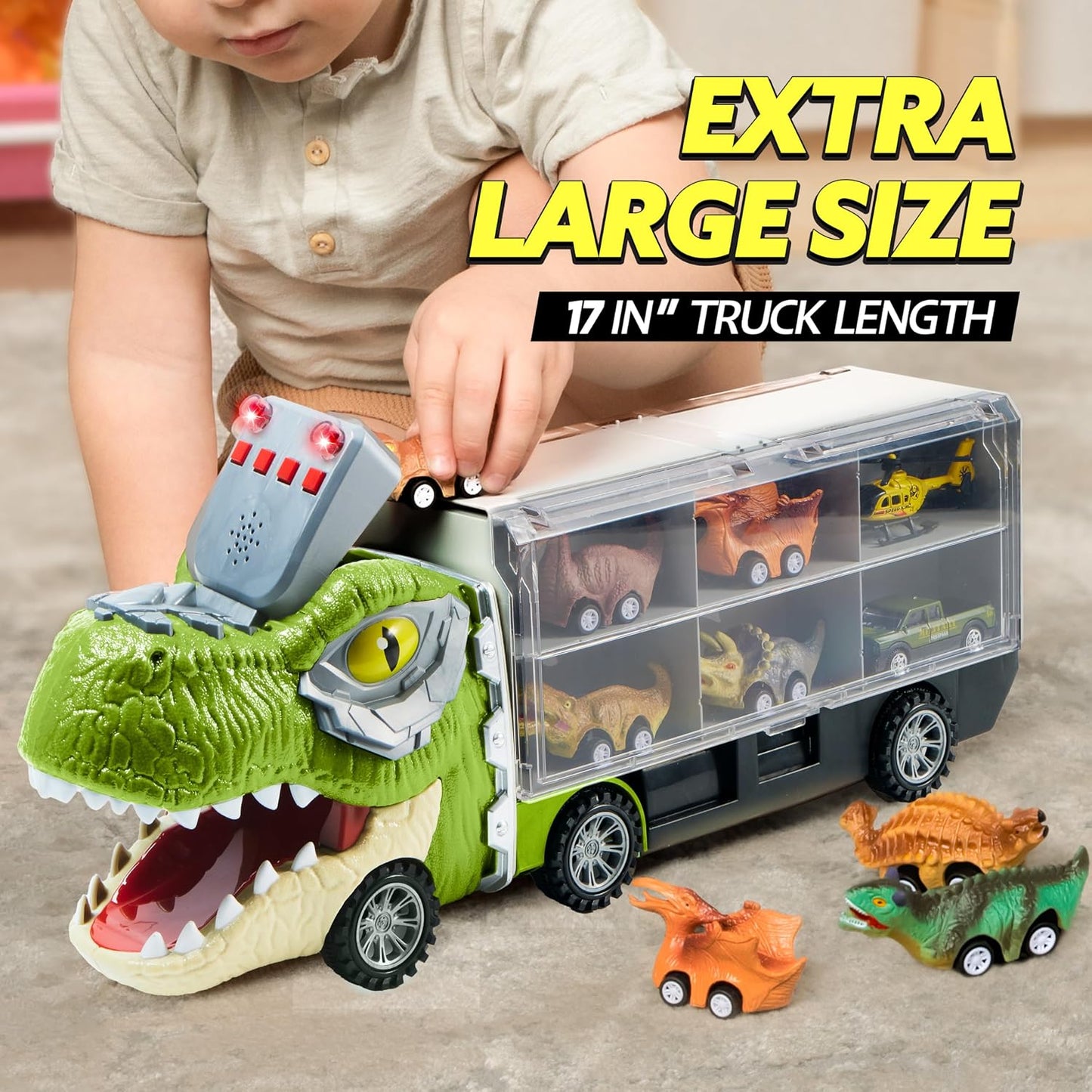 HotJOYIN 13 in 1 Dinosaur Toys for Kids 3-5, Transport Dinosaur Carrier Truck with 12 Pull Back Cars, Toddler Toys 3-4， Birthday Gifts for 3 4 5+ Year Old Boys