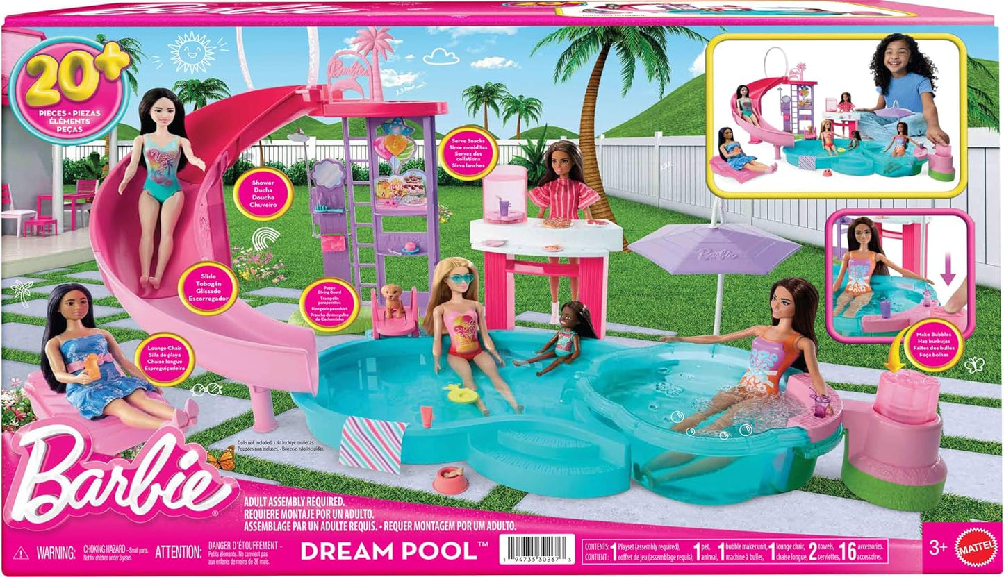 Hot Barbie Dream Pool Playset with 6 Play Areas, Including Slide & Bubbling Hot Tub, Plus 20+ Accessories Like Pet, Floaties & More