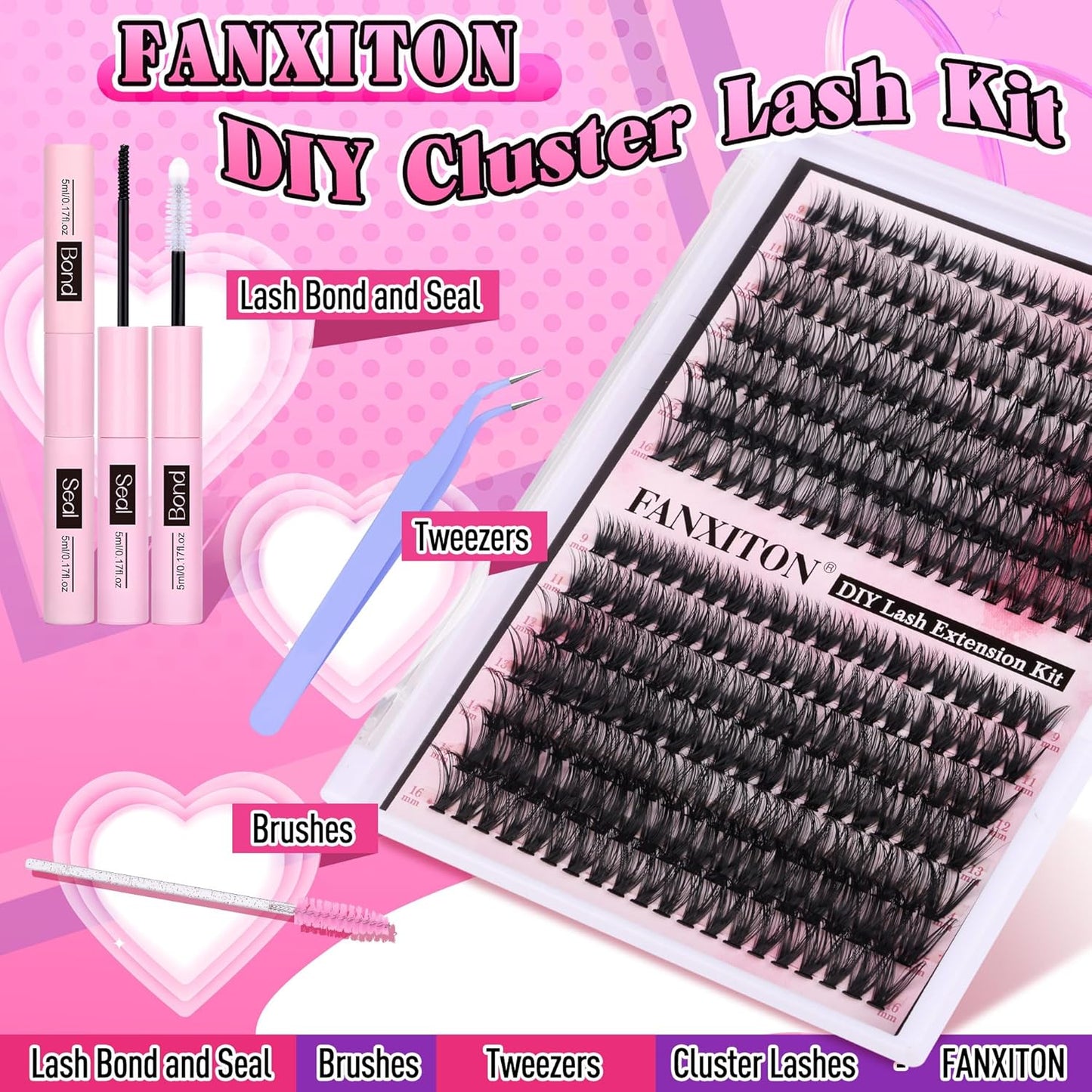 HotFANXITON DIY Individual Eyelash Extension Kit, Thick Volume Lash Clusters 40D+50D D Curvature, 280 Pieces Thin Band Cluster Lashes with Bond and Seal Tweezers