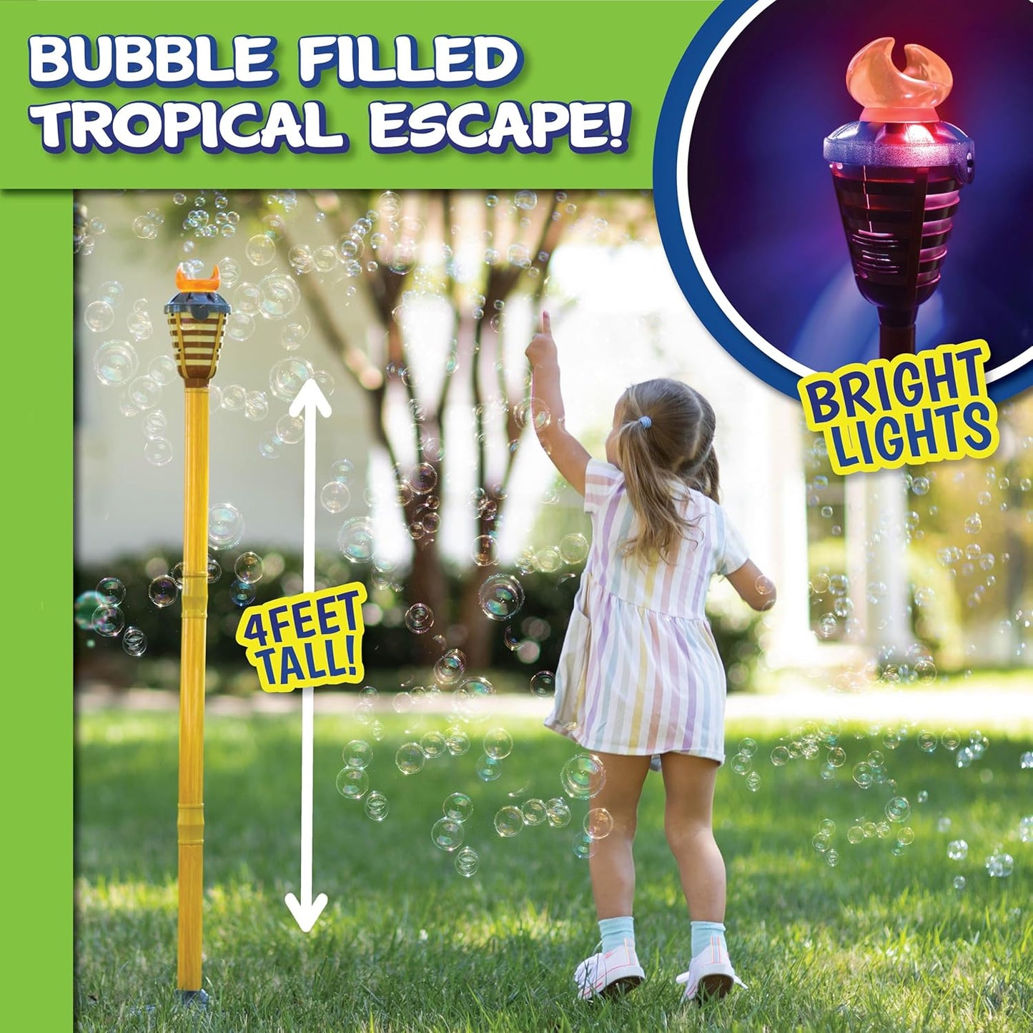 HotTiki Torch Bubbler - Summer Pool Party Bubble Machine with Lights and Music, Bubble Blower and Wand, Rechargeable Outdoor Toy for Kids Teens Birthday Party, 4 Feet Tall, Includes 4oz Bubble Solution