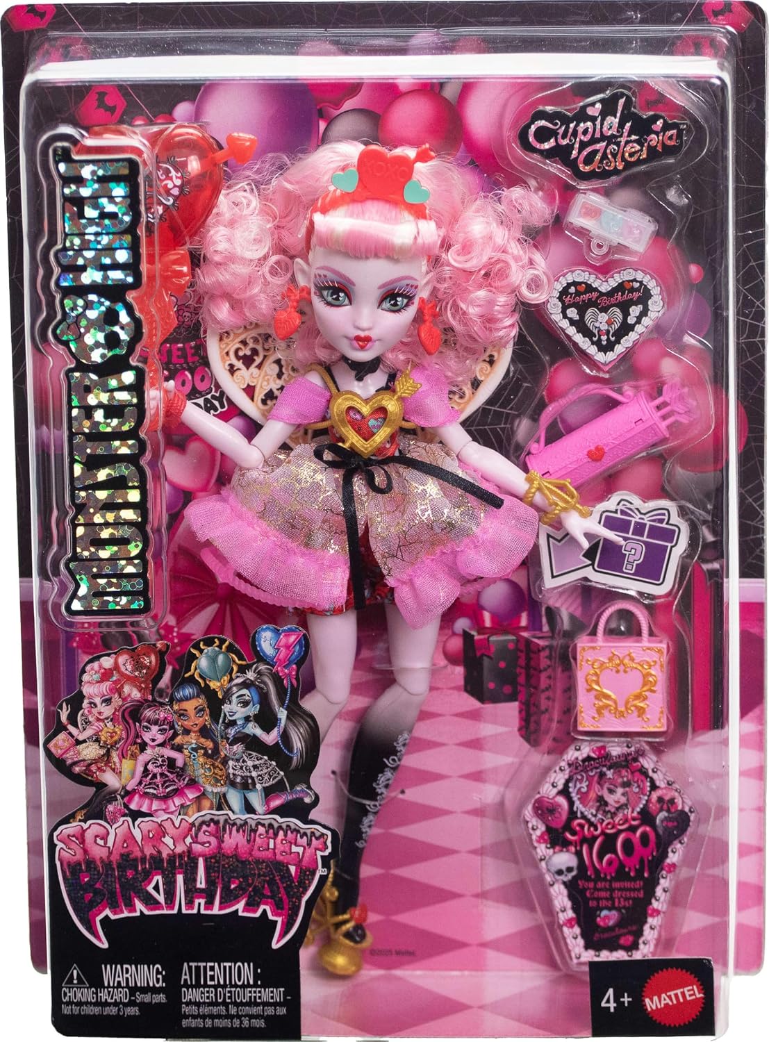 Hot Monster High Scary Sweet Birthday Cupid Asteria Doll | Doll in Pink and Red Party Dress with Party-Themed Accessories like Invite, Balloon, Gift and More