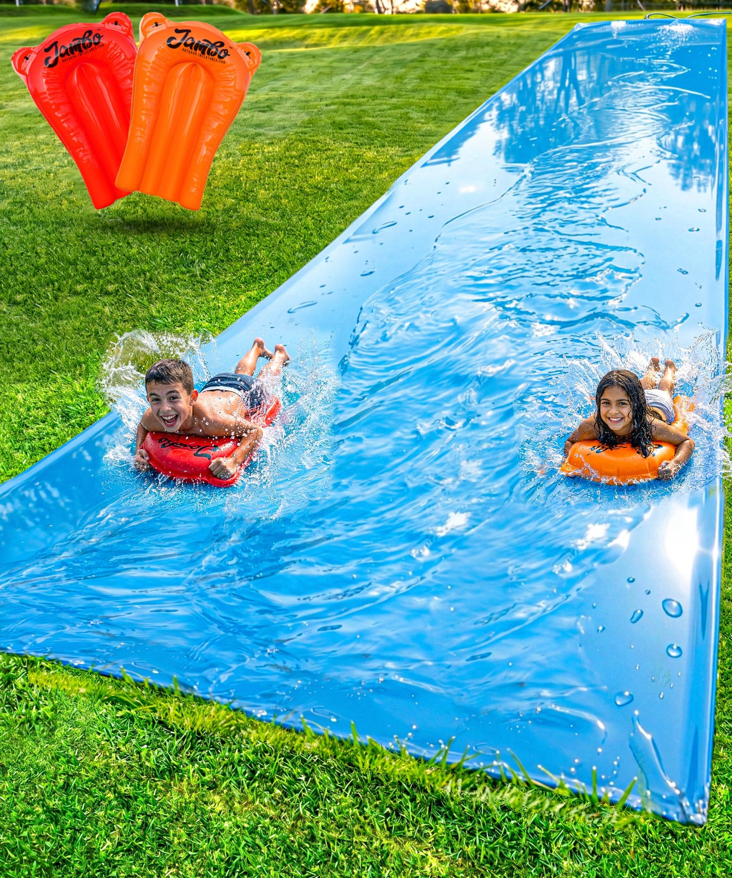 HotJAMBO Premium Triple Water Slide with 3 Bodyboards, 20Ft Heavy Duty Slip Splash and Slides-Advanced 3-Way Sprinkler System, Splash Pad Mat Backyard Summer Outdoor Water Toys n Long Slides for Kids