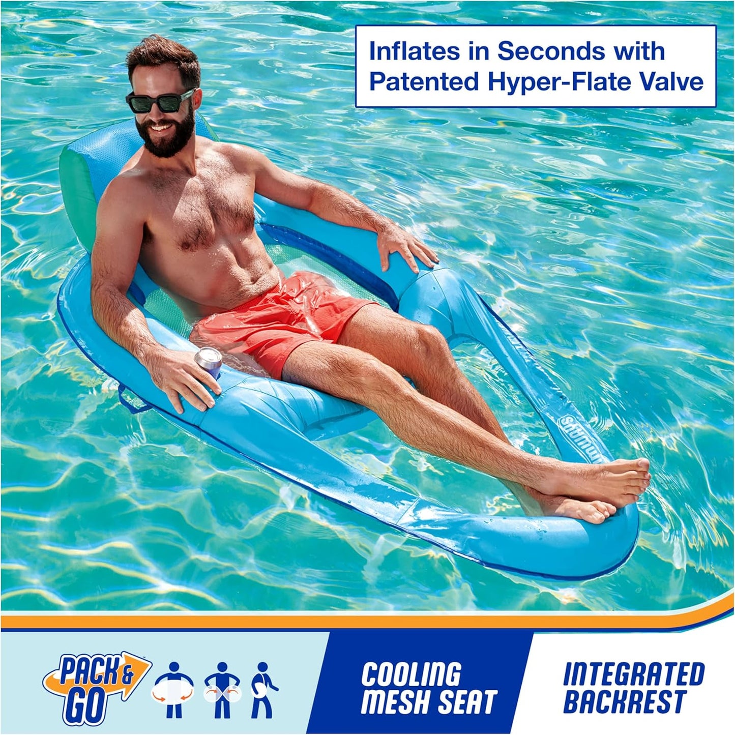 HotSwimWays Spring Float XL Recliner Chair for Swimming Pool, Inflatable Pool Floats for Adults and Teens with Fast Inflation, Cup Holder & Foot Rest, Supports Up to 250 lbs.