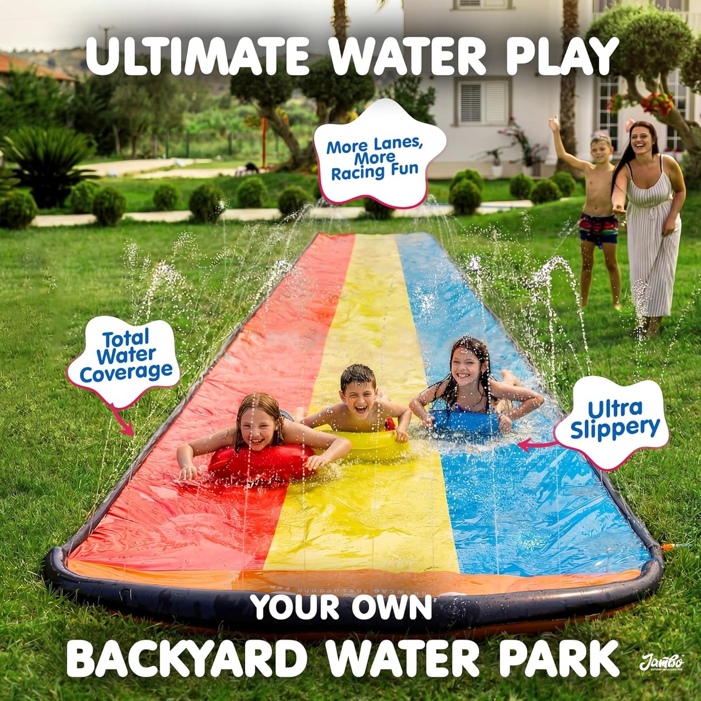 HotJAMBO Premium Triple Water Slide with 3 Bodyboards, 20Ft Heavy Duty Slip Splash and Slides-Advanced 3-Way Sprinkler System, Splash Pad Mat Backyard Summer Outdoor Water Toys n Long Slides for Kids