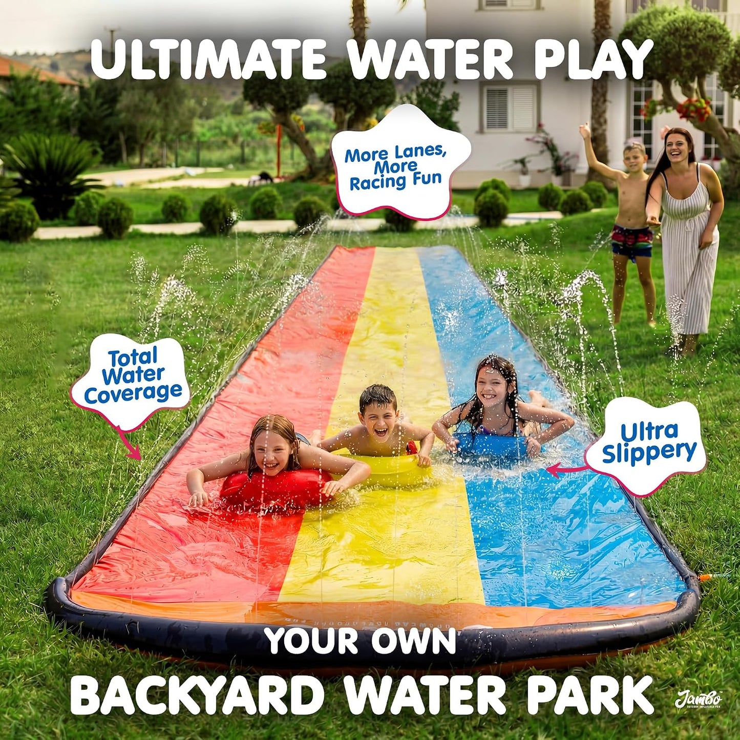 HotJAMBO Premium Triple Water Slide and 3 Bodyboards, 16Ft Heavy Duty Slip Splash and Slides-Advanced 3-Way Sprinkler System, Splash Pad Mat Backyard Summer Outdoor Water Toys n Long Slides for Kids