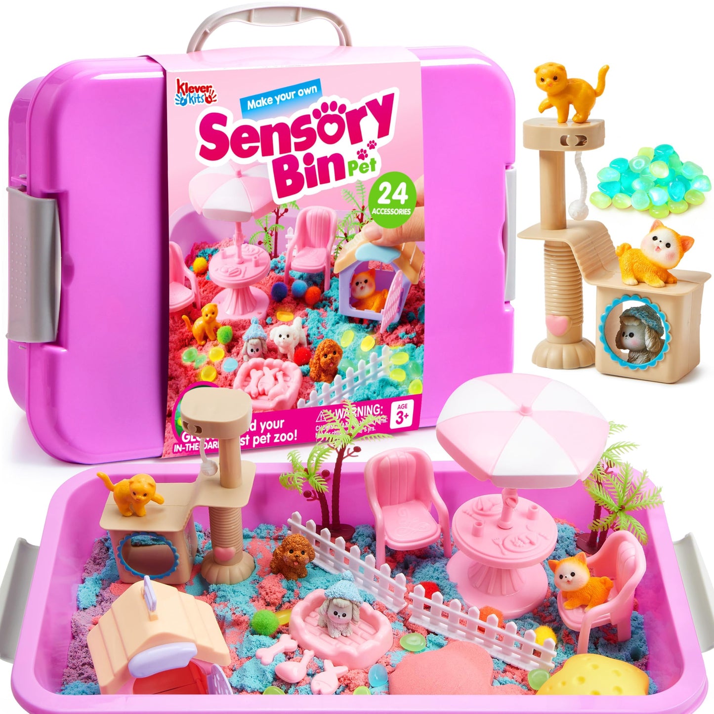 HotJOVA Klever Kits Construction Sensory Bin for Toddlers with Glow in The Dark Stones, Sandbox with Lid Castle Building kit, Preschool Learning Activities Gifts for Boys Girls Age 3+