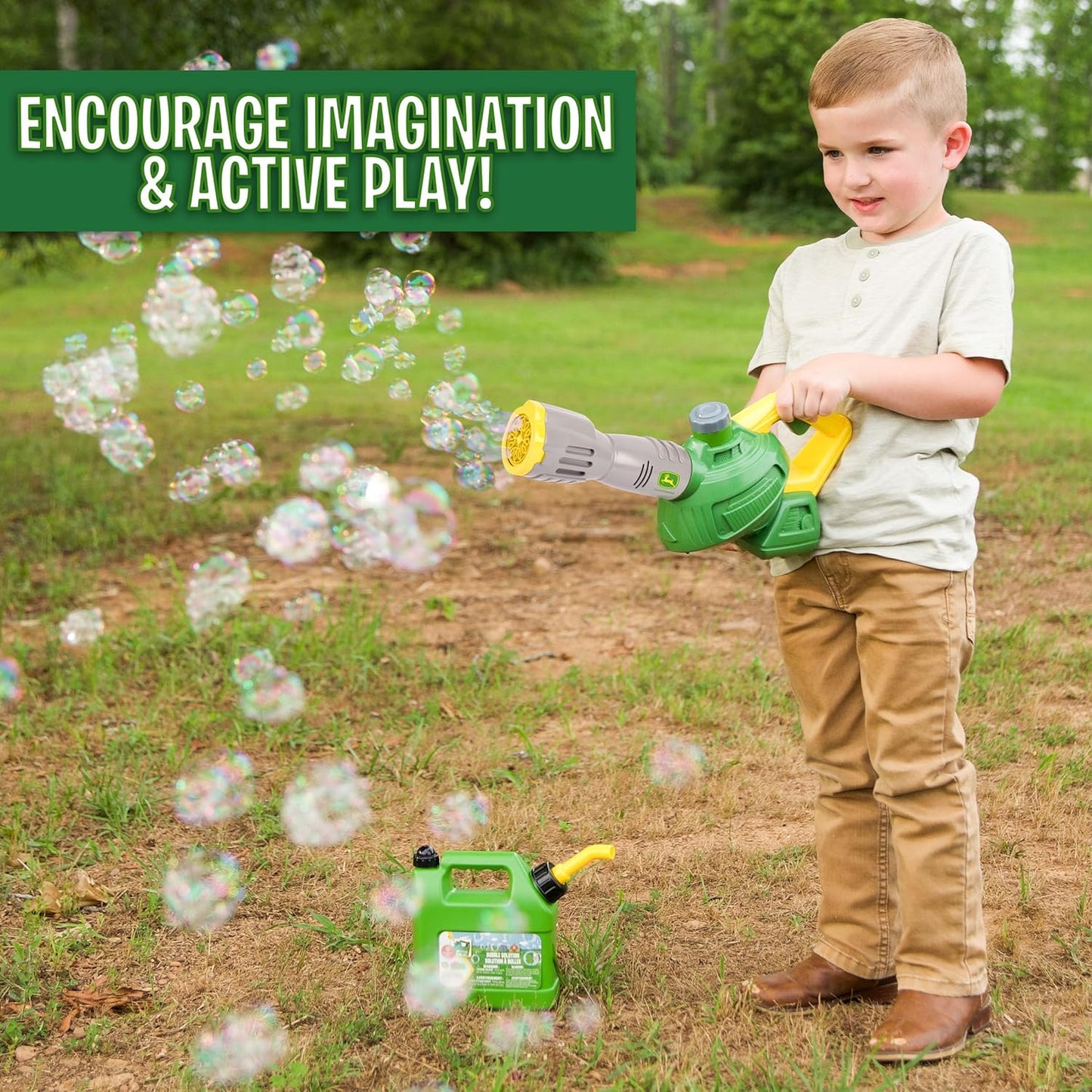 HotJohn Deere Bubble Leaf Blower Toy for Kids Includes 24oz Bubble Refill Gas Can, Outdoor Bubble Machine for Kids, Easy to Use, Outdoor Play, Great Gift Toddler 3+