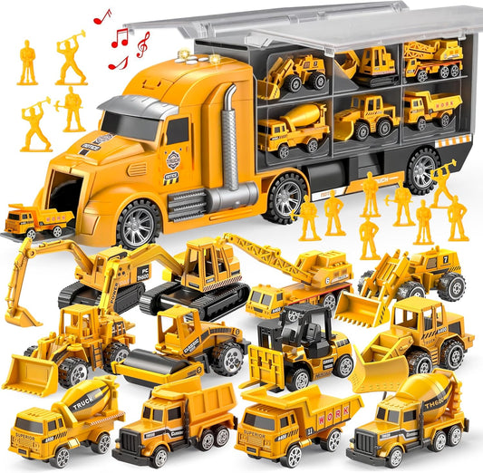 Hot JOYIN 25-in-1 Construction Truck Toy Set with 12 Vehicles & 12 Worker Figures, Push and Go Toy Trucks with Sound and Light, Construction Toys Birthday Gifts for Kids 3 4 5 6 7 Years Old