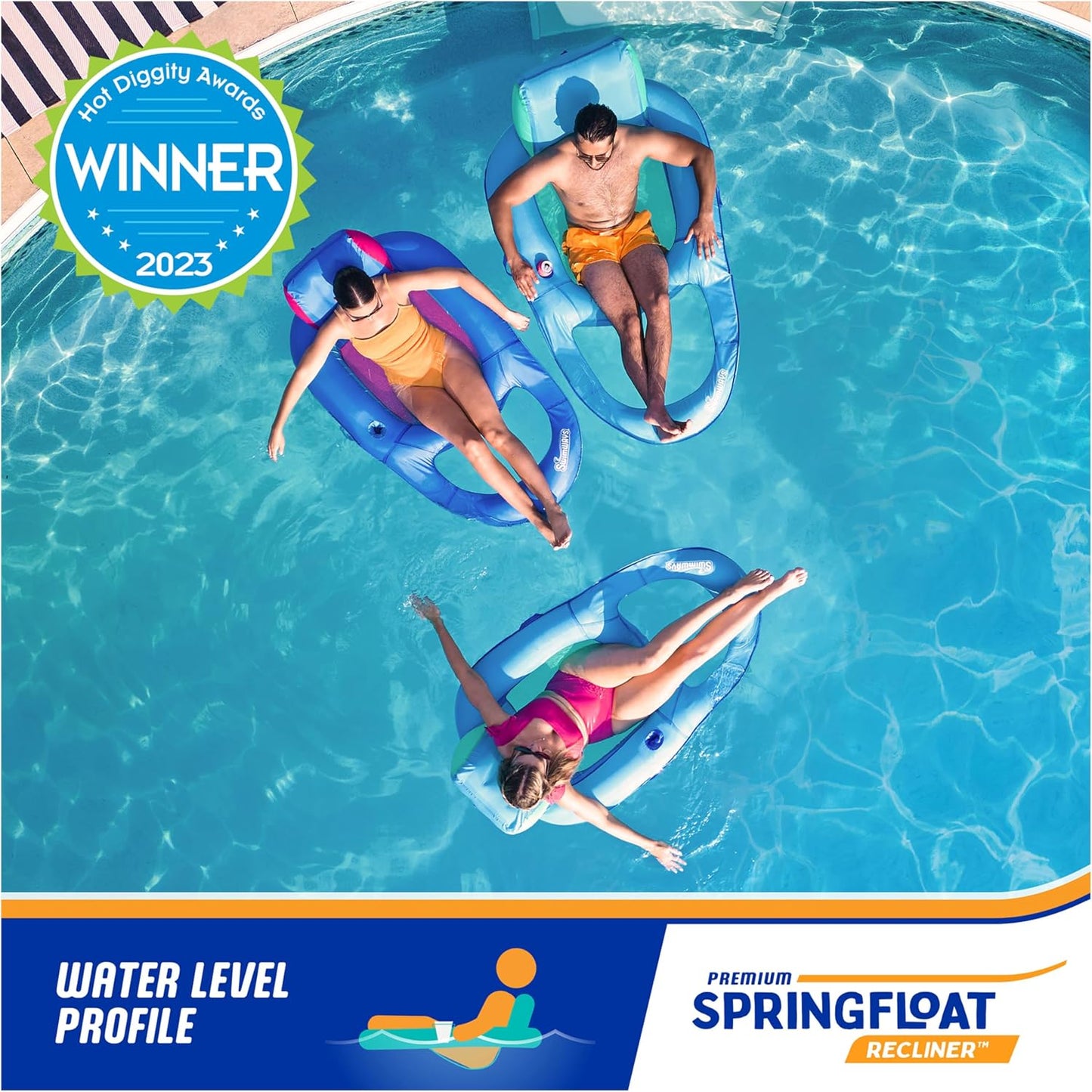 HotSwimWays Spring Float Recliner, Fast-Inflating Adult Pool Lounger; Ages 15+ | Patented Fast Inflation for Immediate Use During Travel, Fits Most Adults and Teens, Teens & Adults Can Lounge Comfortably