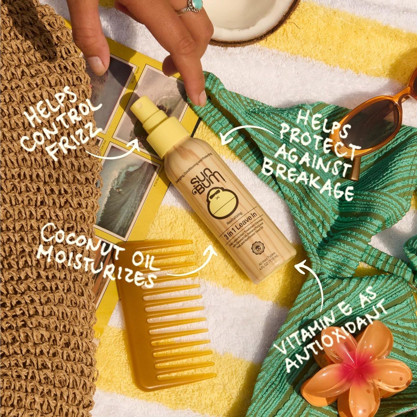 HotSun Bum Revitalizing 3 in 1 Leave In Conditioner - Anti Frizz Detangler - Color Friendly with UV Protection - Enriched with Coconut Oil and Banana - 4 oz