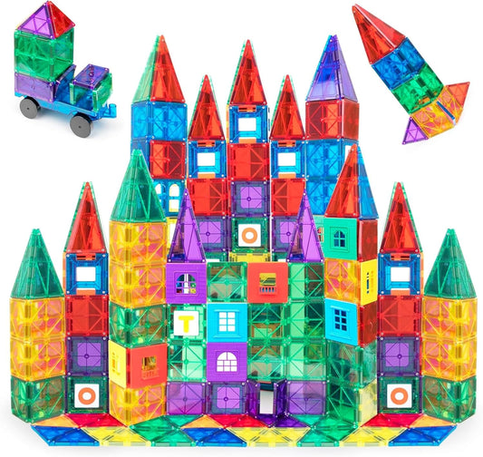 Hot Playmags Magnetic Tiles for Kids 100-Piece Set, STEM Educational Building Blocks Toys for Kids, Includes Click-in ABC Learning Tiles, Gift for Boys & Girls, Add on Magnetic Figures, Car Set Available