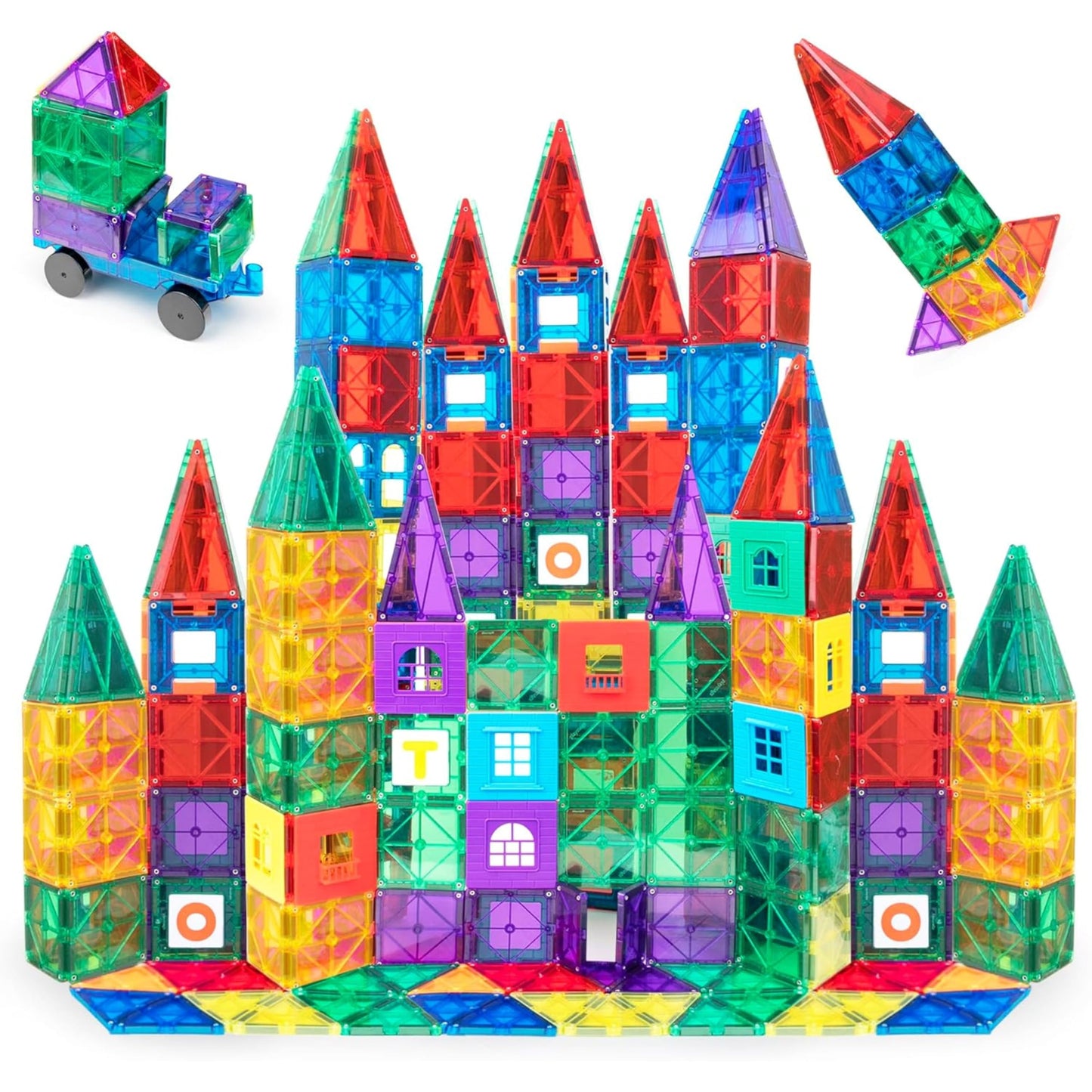 Hot Playmags Magnetic Tiles for Kids 100-Piece Set, STEM Educational Building Blocks Toys for Kids, Includes Click-in ABC Learning Tiles, Gift for Boys & Girls, Add on Magnetic Figures, Car Set Available