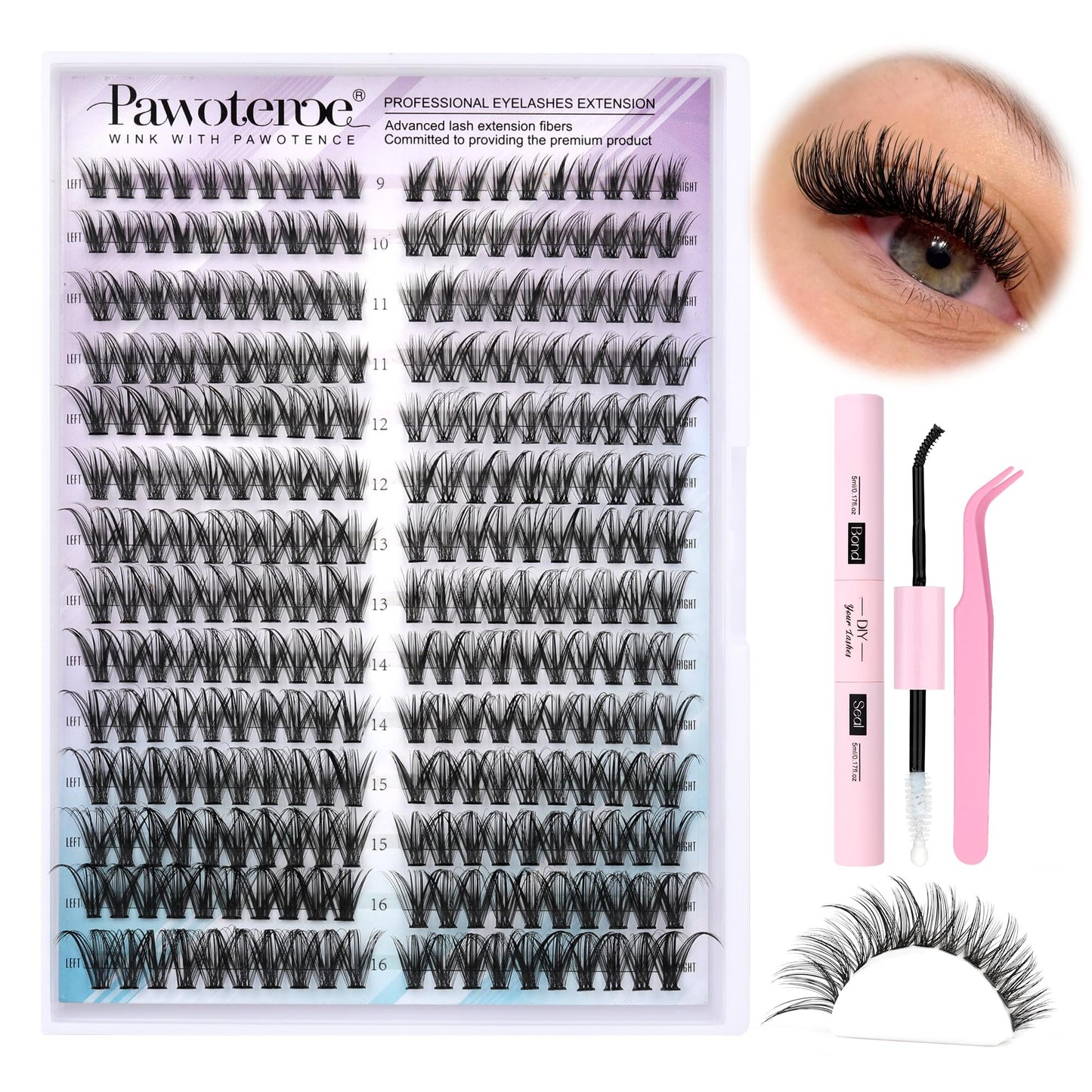 HotPawotence Lash Extension Kit DIY 280pcs Lash Clusters Eyelash Extension Kit, 9-16mm 30D 40D Individual Lashes Kit with Lash Bond and Seal, Lash Tweezers for Self Use (30D&40D, 0.07D, 9-16mm, Kit)