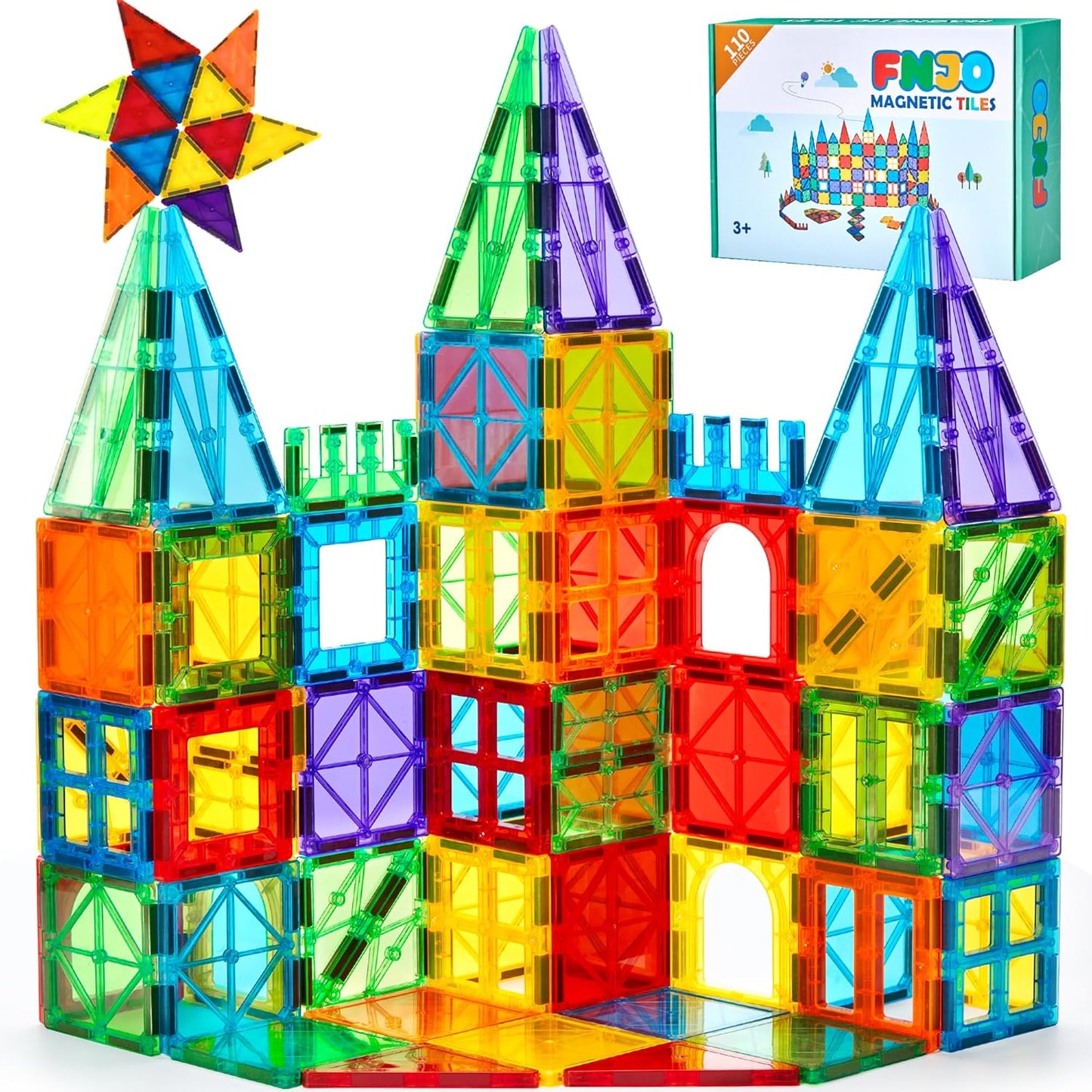HotFNJO Magnetic Tiles, 110PCS Magnet Building Set, Magnetic Building Blocks, Construction STEM Learning and Playing Toys for Kids, Montessori Toy for Preschool Boys Girls