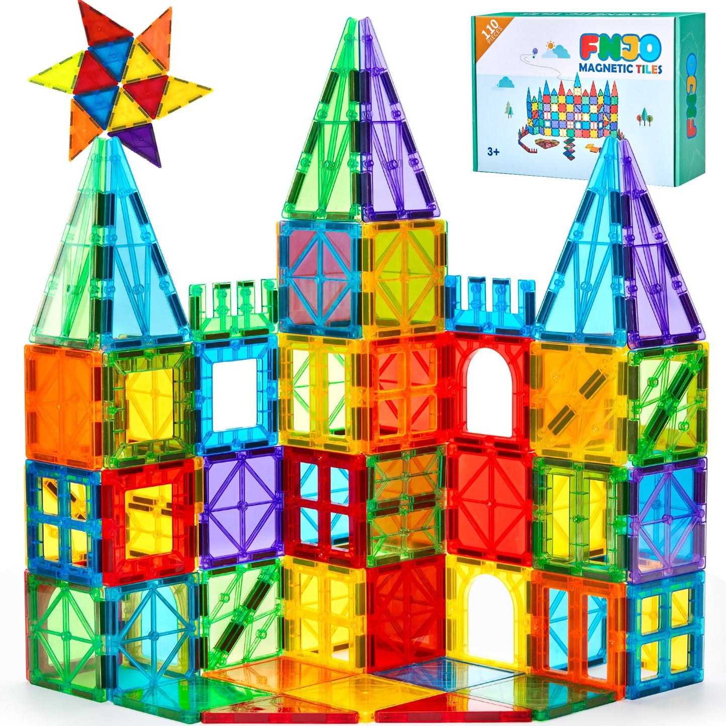 HotFNJO Magnetic Tiles, 110PCS Magnet Building Set, Magnetic Building Blocks, Construction STEM Learning and Playing Toys for Kids, Montessori Toy for Preschool Boys Girls
