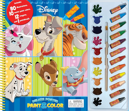Hot Disney Animals Deluxe Poster Paint & Color - Coloring Book for Kids, 80 Illustrations, 10 Watercolor Paints, 12 Crayons, 1 Paint Brush